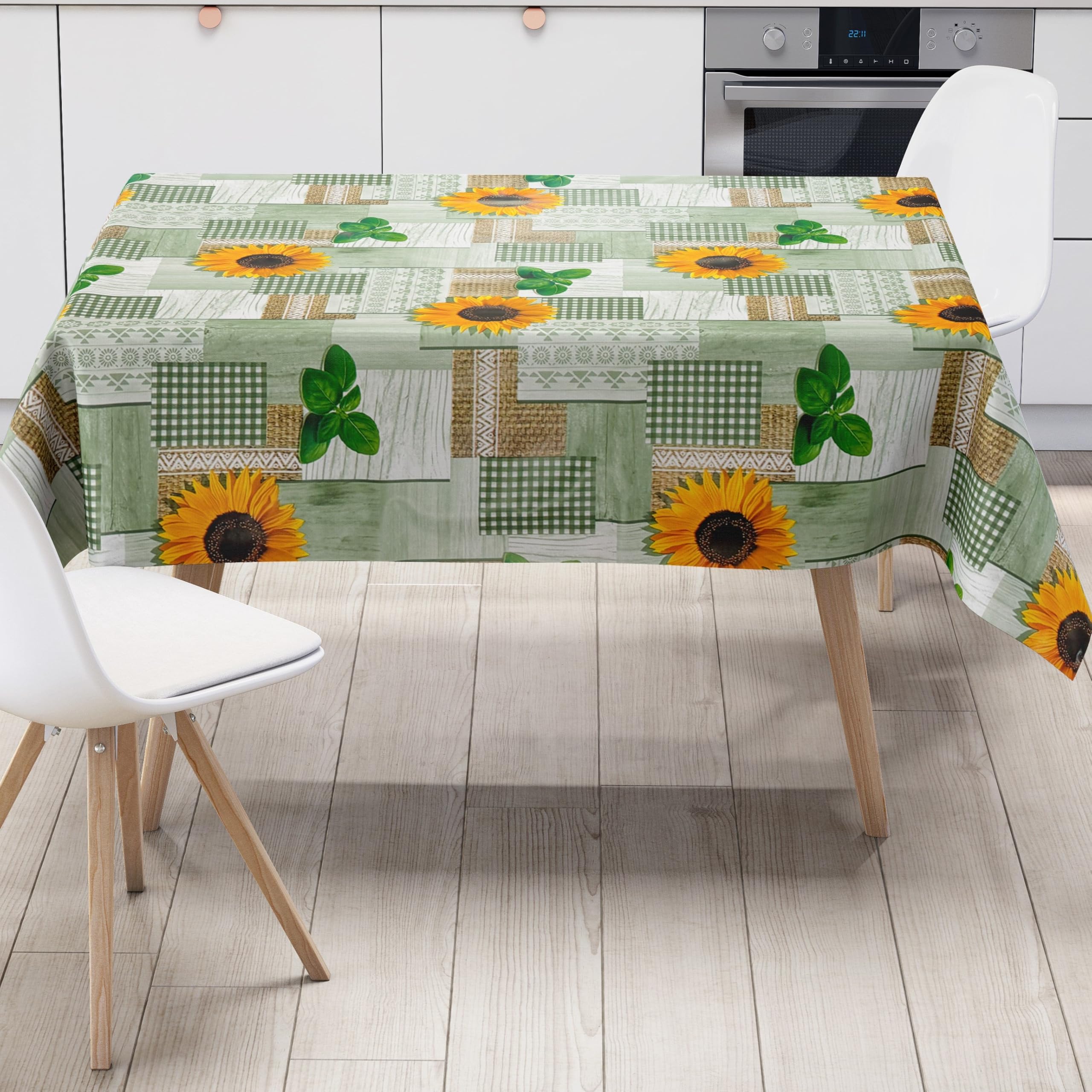KEVKUS Wachstuch Tischdecke 160 cm Breite PC130-2 grün Sonnenblumen wählbar in eckig, rund und oval - Größe oval 160x220cm mit Paspelband