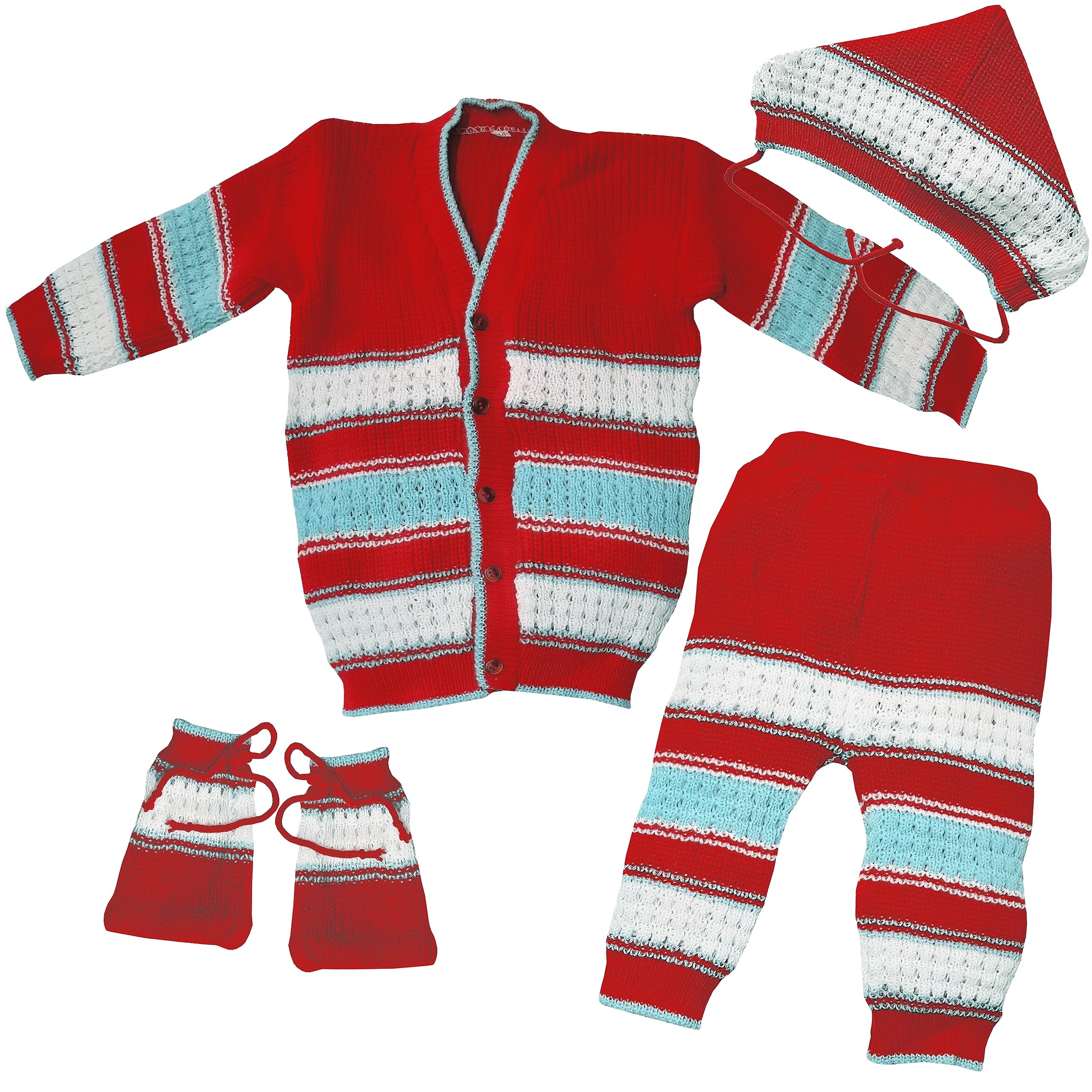 little PANDA Baby Sweater for Baby Boys & Baby Girls Woollen Full Sleeves, V Neck Sweater Top, Bottom, Cap & Booties Set