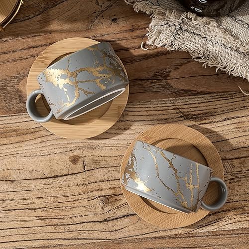 Miniatura 5 de Juego de 4 tazas apilables de porcelana de 6 onzas con platillos y soporte de metal, tazas de capuchino de cerámica para bebidas de café especiales,