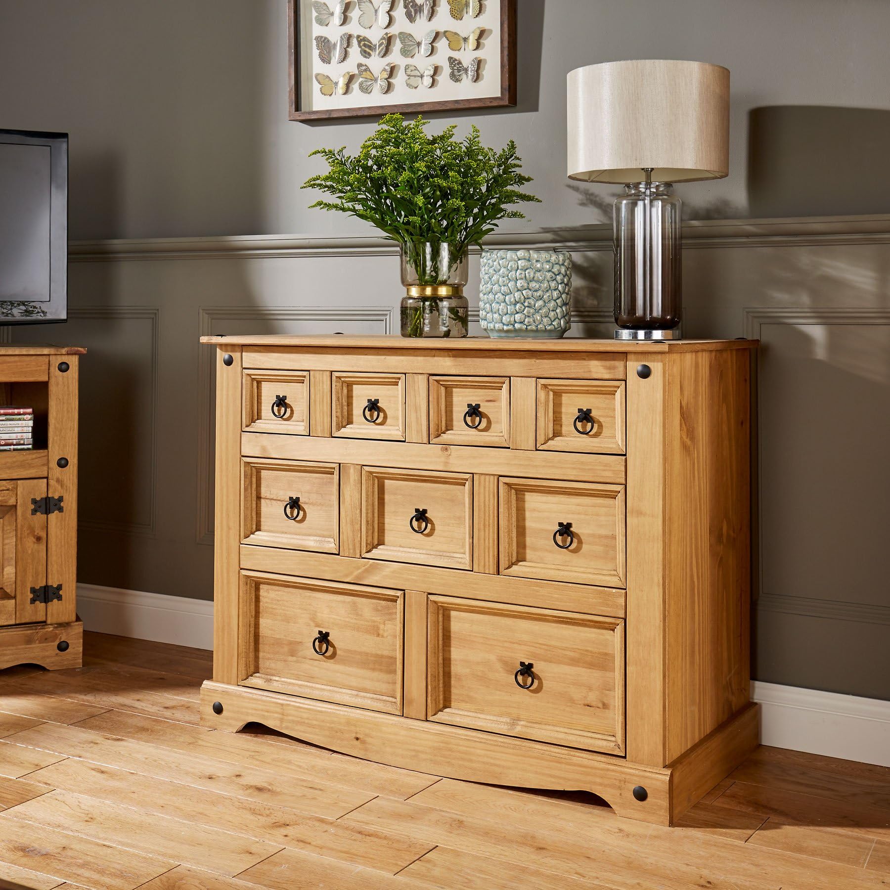 Home Source Corona Chest of Drawers Pine Sideboard 9 Drawer Merchant Cabinet Distressed Wax