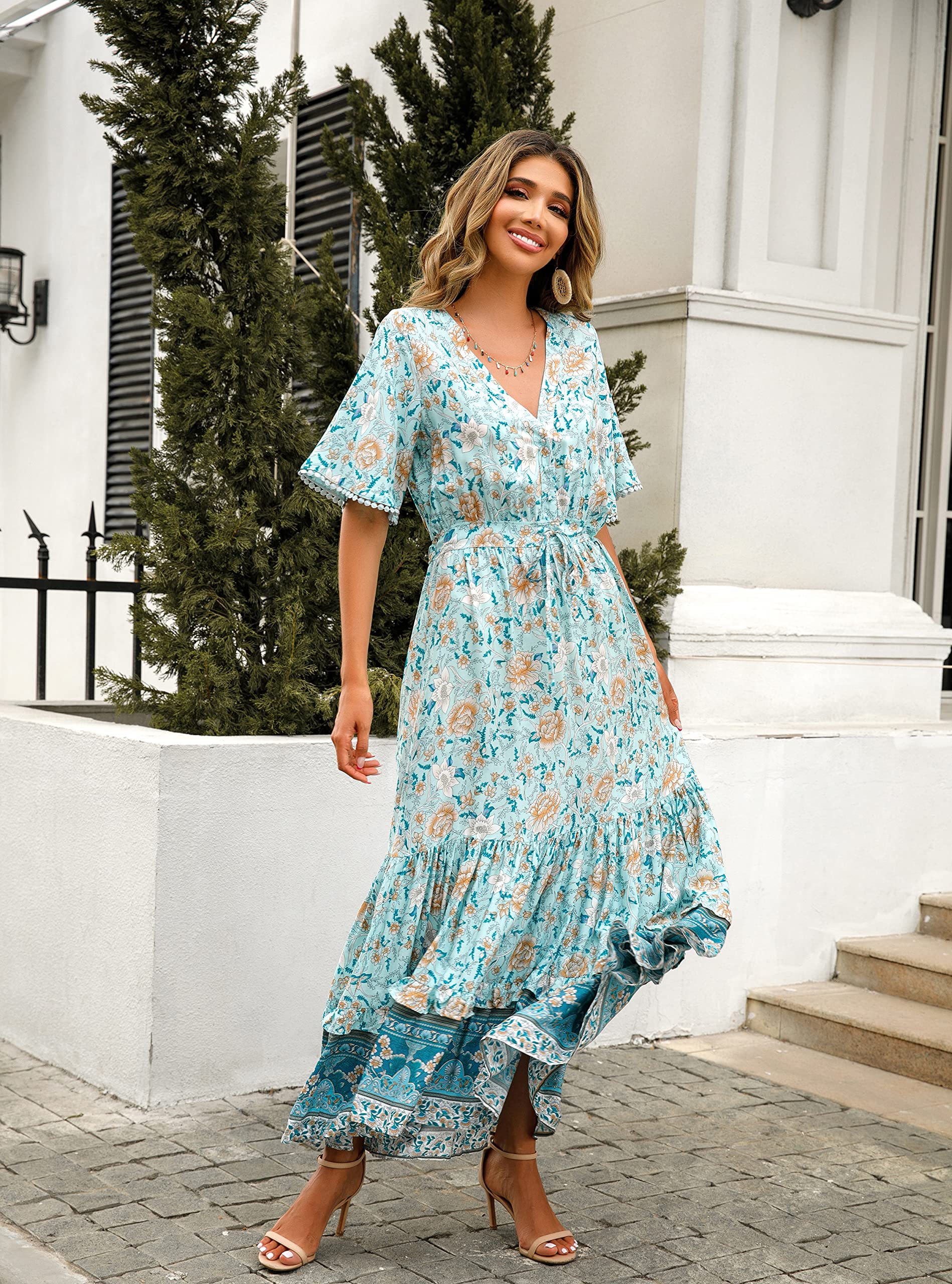 R.Vivimos Abito Boho Estivo Donna Abito Sexy Scollo a V Bottoni Manica Corta Vestito Elegante con Volant Orlo Abito Lungo Maxi da Spiaggia Casual per Le Vacanze(L,Blu Turchese-Floreale)