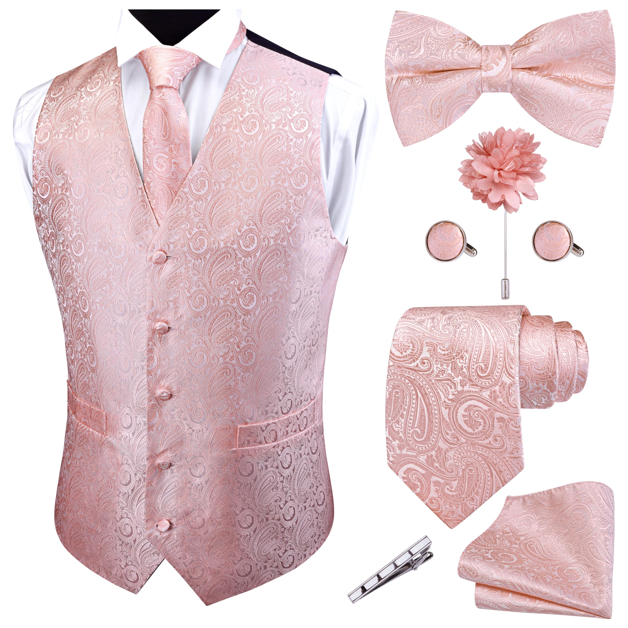 GUSLESON Formal Men Vest Paisley Floral Jacquard Tie Waistcoat Bow tie Hanky Lapel Pin Cufflinks Set Wedding 7PCS