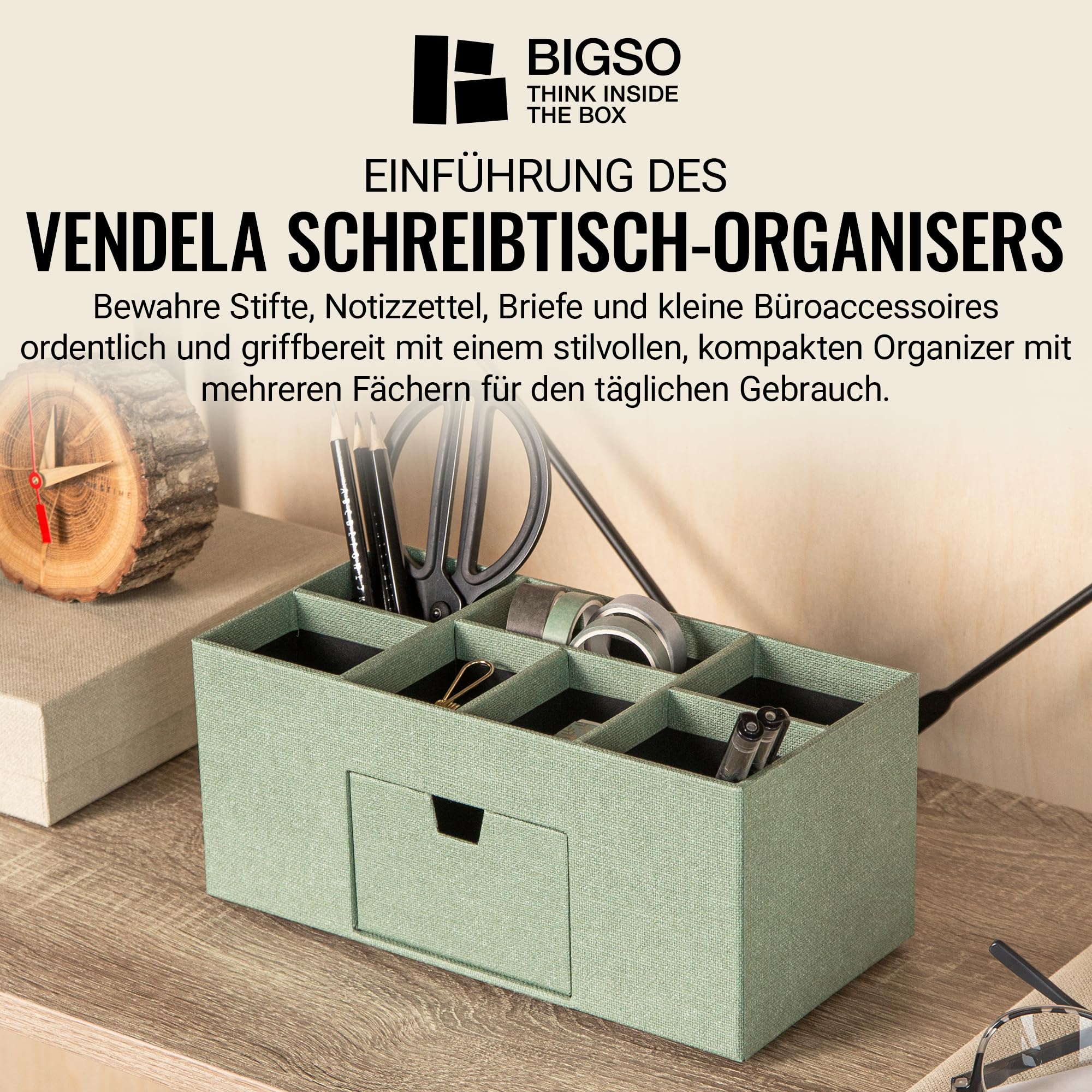 BIGSO VENDELA Schreibtisch Organizer mit 7 Fächern und Schublade – Ablagebox aus Faserplatte und Papier in Leinenoptik – Schreibtischset für Büromaterial – mintgrün