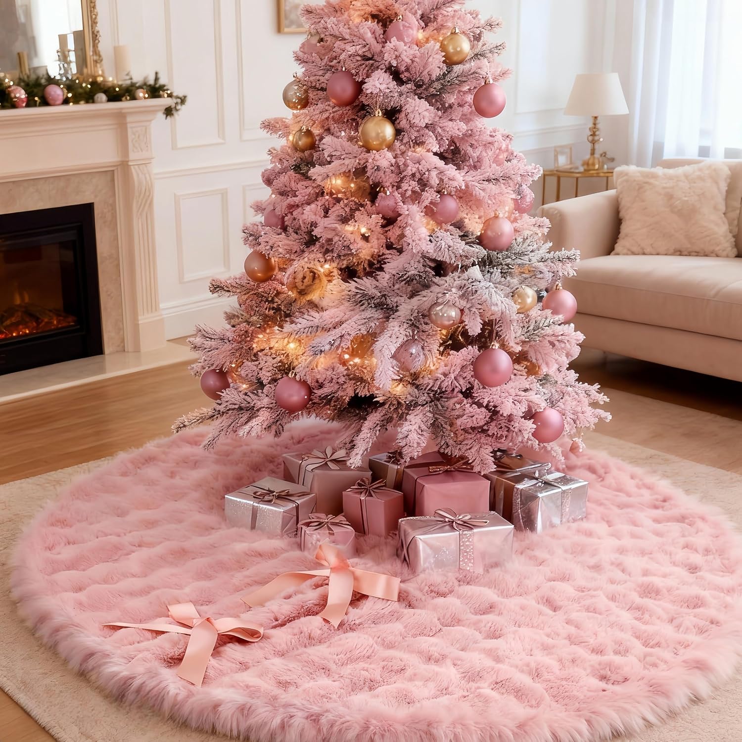 pink christmas tree skirt 72 inch, extra large faux fur tree skirt, thick soft plush big xmas tree skirts with satin ribbon ties for outdoor indoor merry christmas party 6/7/7.5/9ft tree decoration