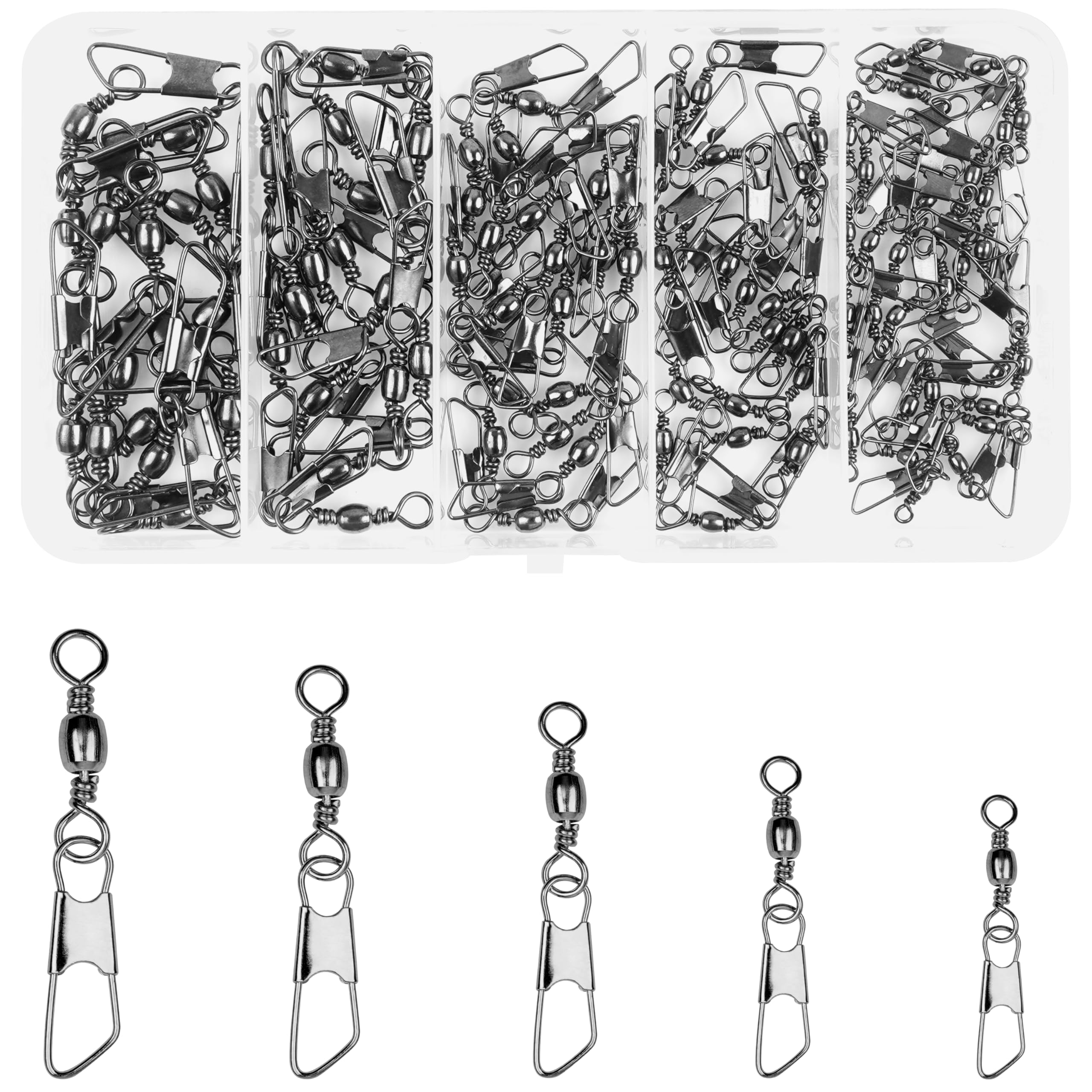 OROOTLFishing Snap Swivels Kit, 100pcs Barrel Swivel with Safety Snaps Assortment High Strength Quick Change Leader Line Lure Connector Fishing Accessories