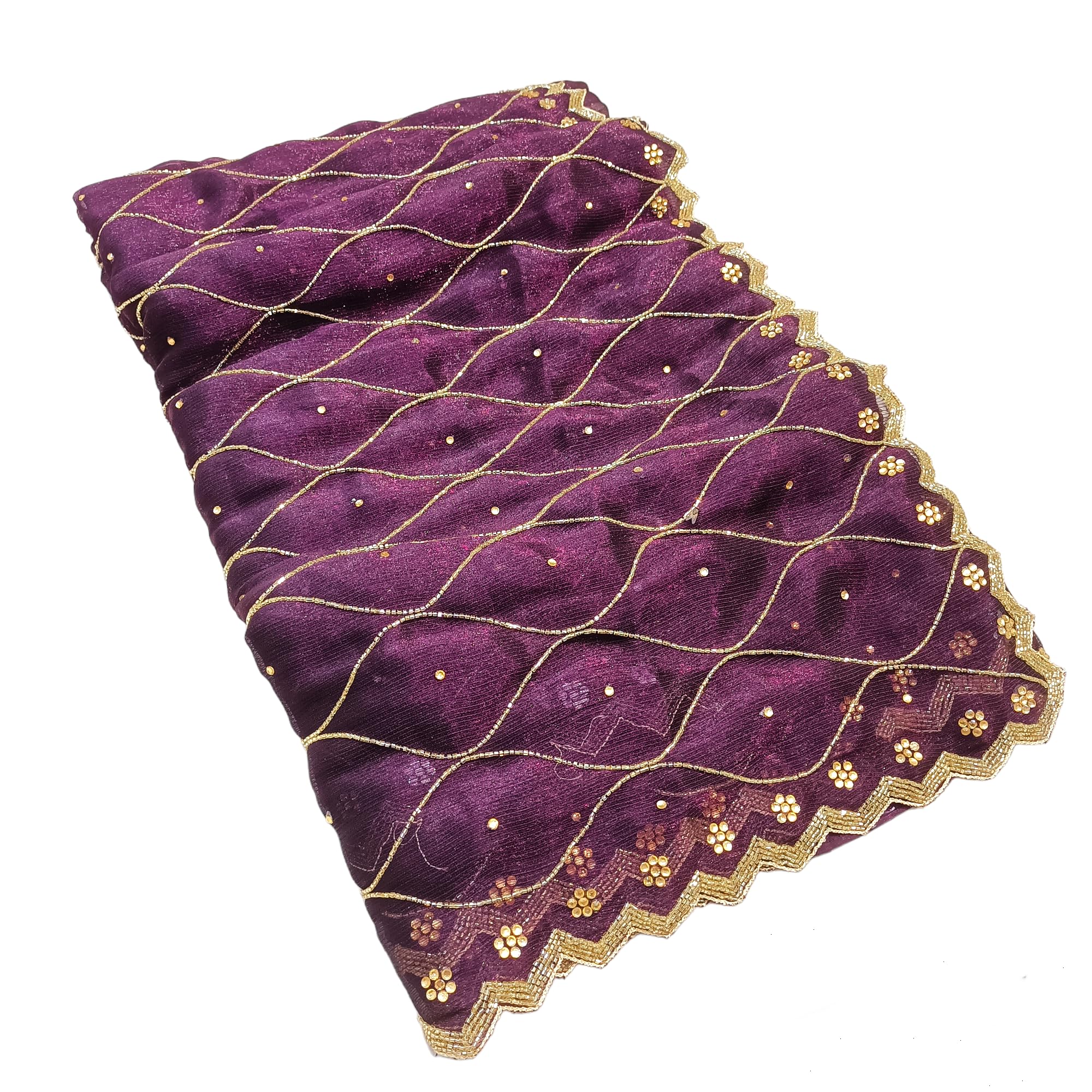 Royal Zari Women's Georgette Zari Silver Cutbeads and Stone Work Saree with Unstitched Blouse Piece.