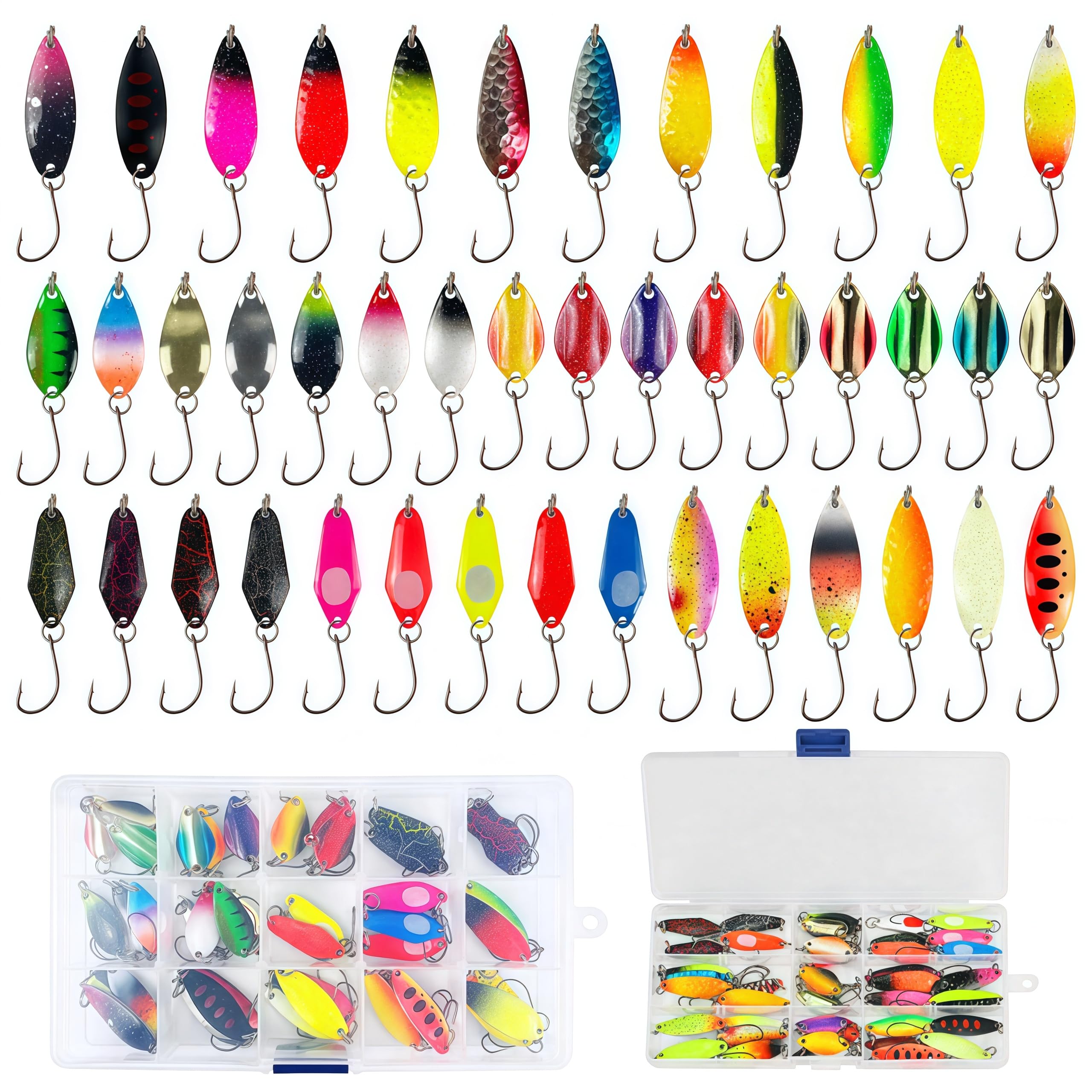 43 Stück Forellenköder, Spoons Forelle Blinker Angeln Set, Spinner Blinker Angeln Forellen Köder Forellen Spoon Set für Barsch, Zander, Hecht, Forelle, 2.3g/2.8g/3.3g/5g angelzubehör