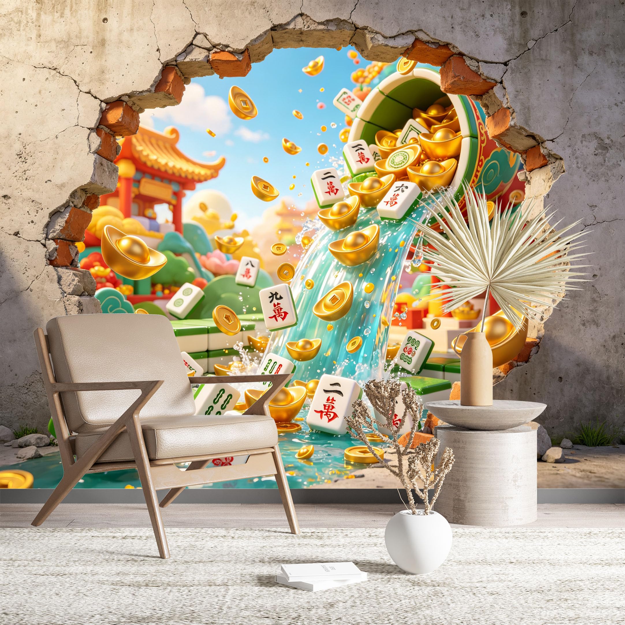 Custom Size Wall Murals Mahjong Gold Cracked Wall Wall Murals Game Wallpaper Large Photo Wallpaper Self-Adhesive Removable Wallpaper for Living Room Home Decor