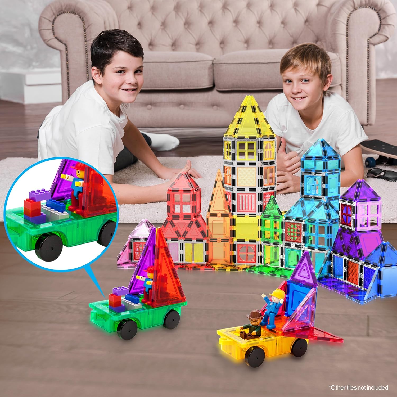 PicassoTiles 2pcs Magnetic Tiles Expansion Car Truck Building Blocks Compatible with regular bricks, Kids Magnet Bricks STEM Learning Toys, Add-ons Toddler Preschool 3 Years and up Boys and Girls PT21