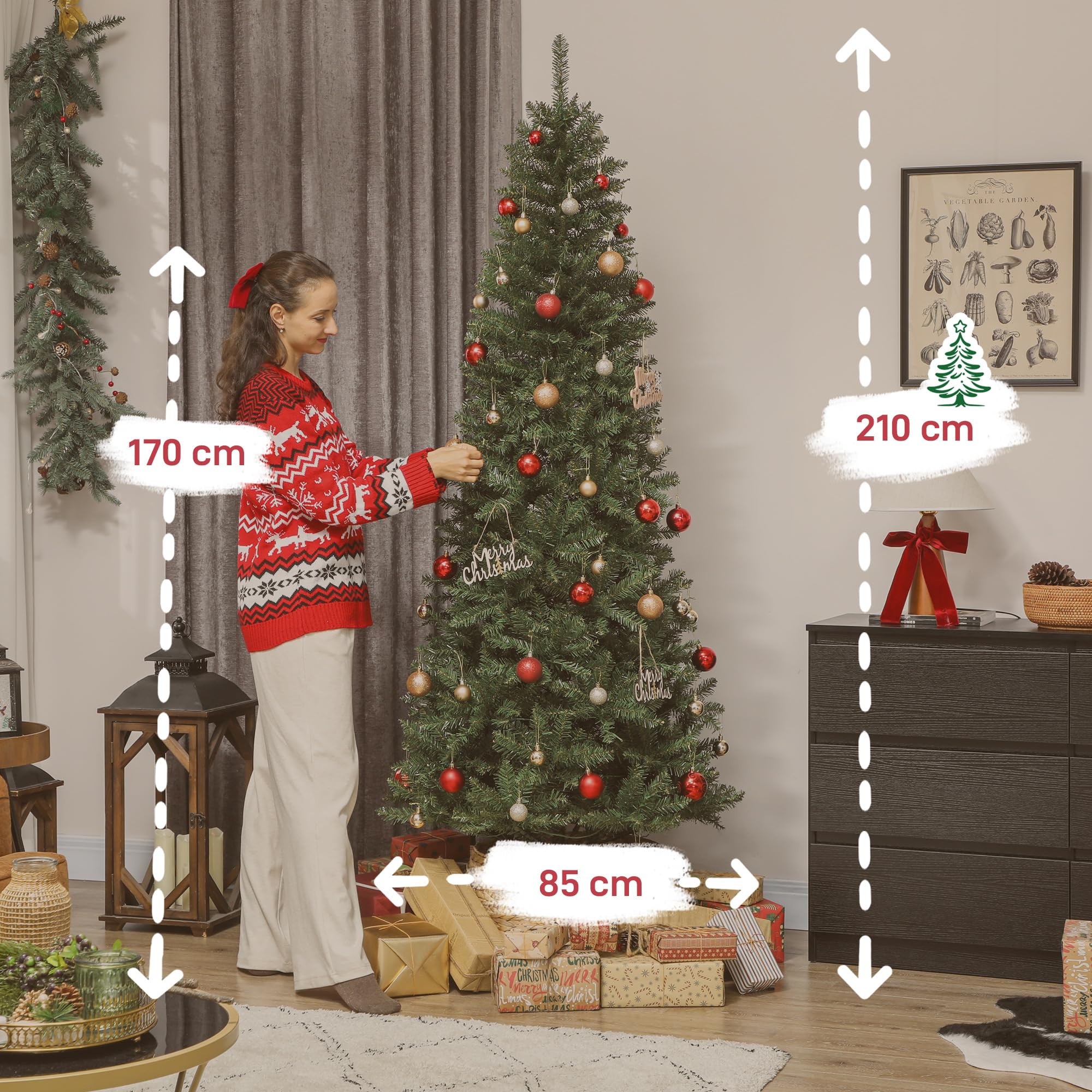 HOMCOM Sapin de Noël Artificiel 210 cm 350 Lumières Blanches Chaudes Vert | Arbre de Noël Fin, Lumières Multicolores, 9 Modes d'Éclairage, 1273 Pointes de Branche Articulée, Support en Métal Pliable