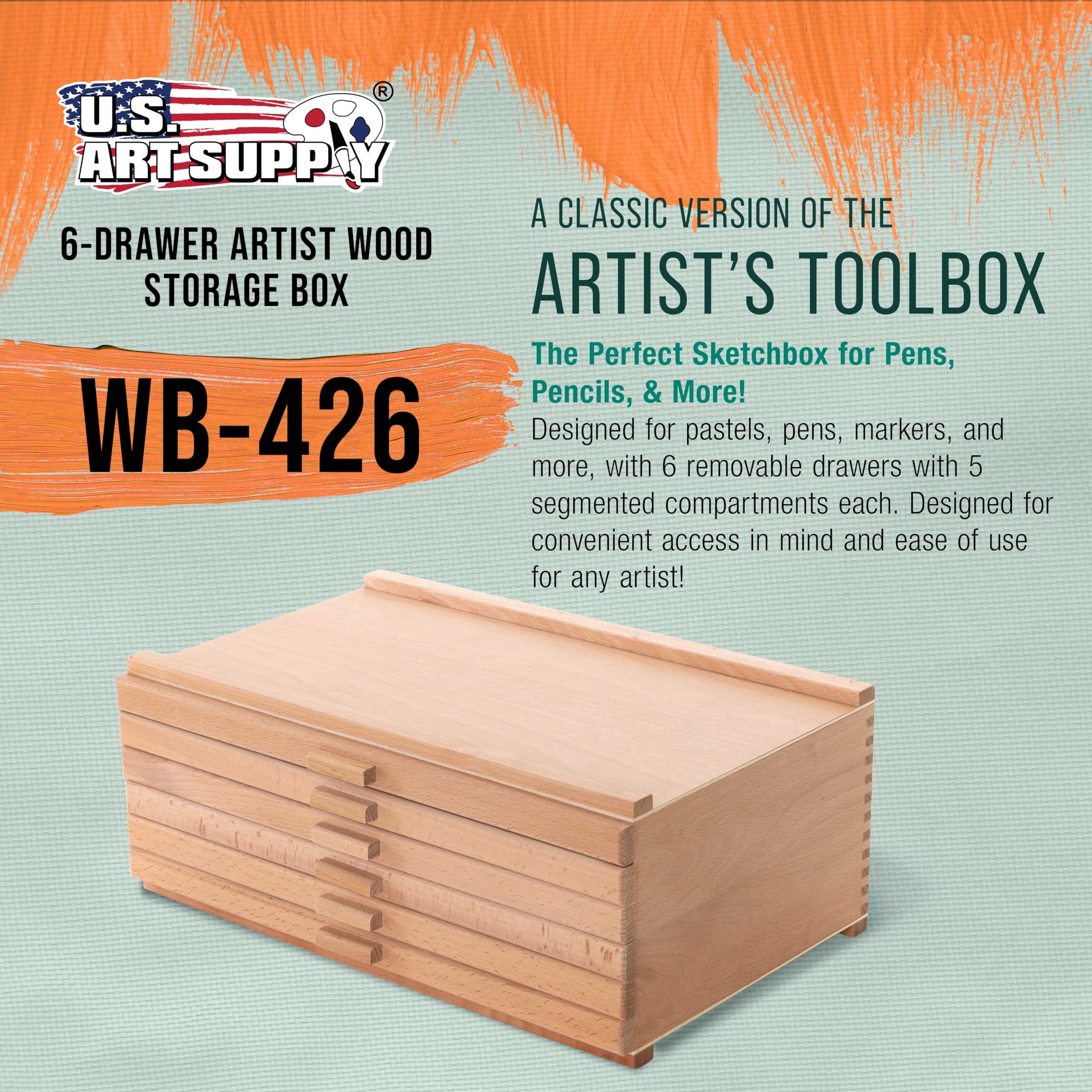 U.S. Art Supply Pudełko do przechowywania pasteli, ołówków, markerów, pędzli z 6 szufladami