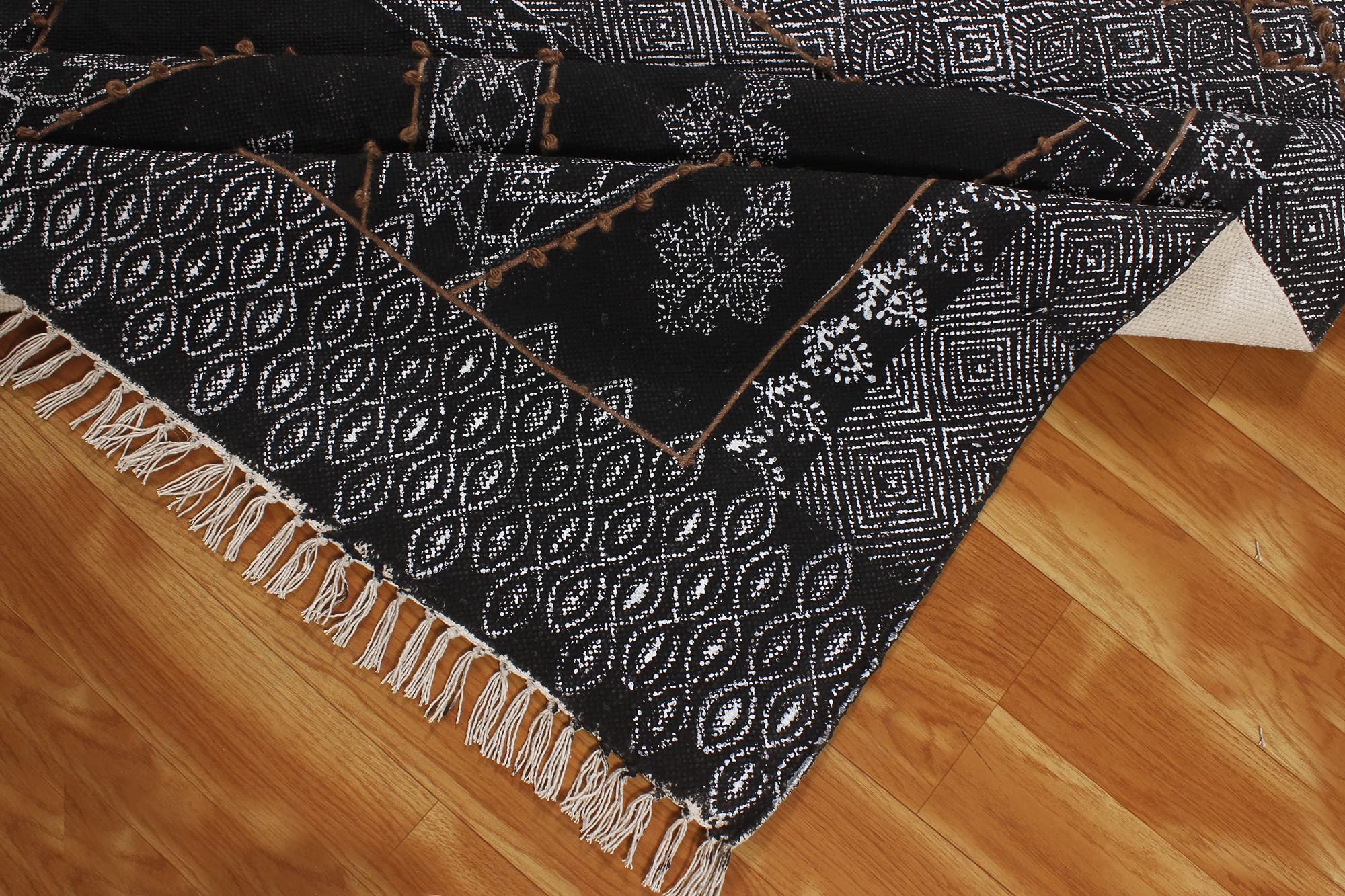 Tappeto da bagno in cotone intrecciato a mano con nappe stampa a blocchi di mano, tappetino per interni Boho per camera da letto, soggiorno, lavanderia