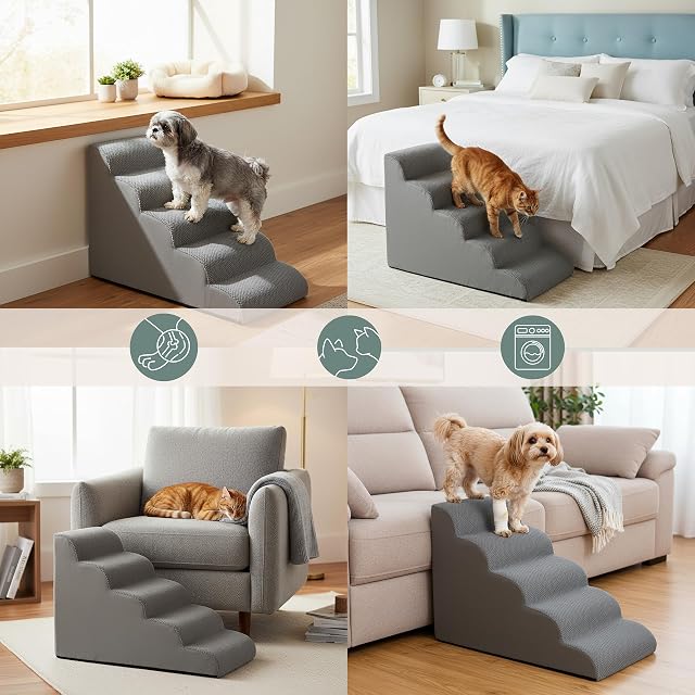 Foto 3 de 6 de hjh LIVING Escalera para mascotas de 5 peldaños PAWY Step 5 perros con funda lavable