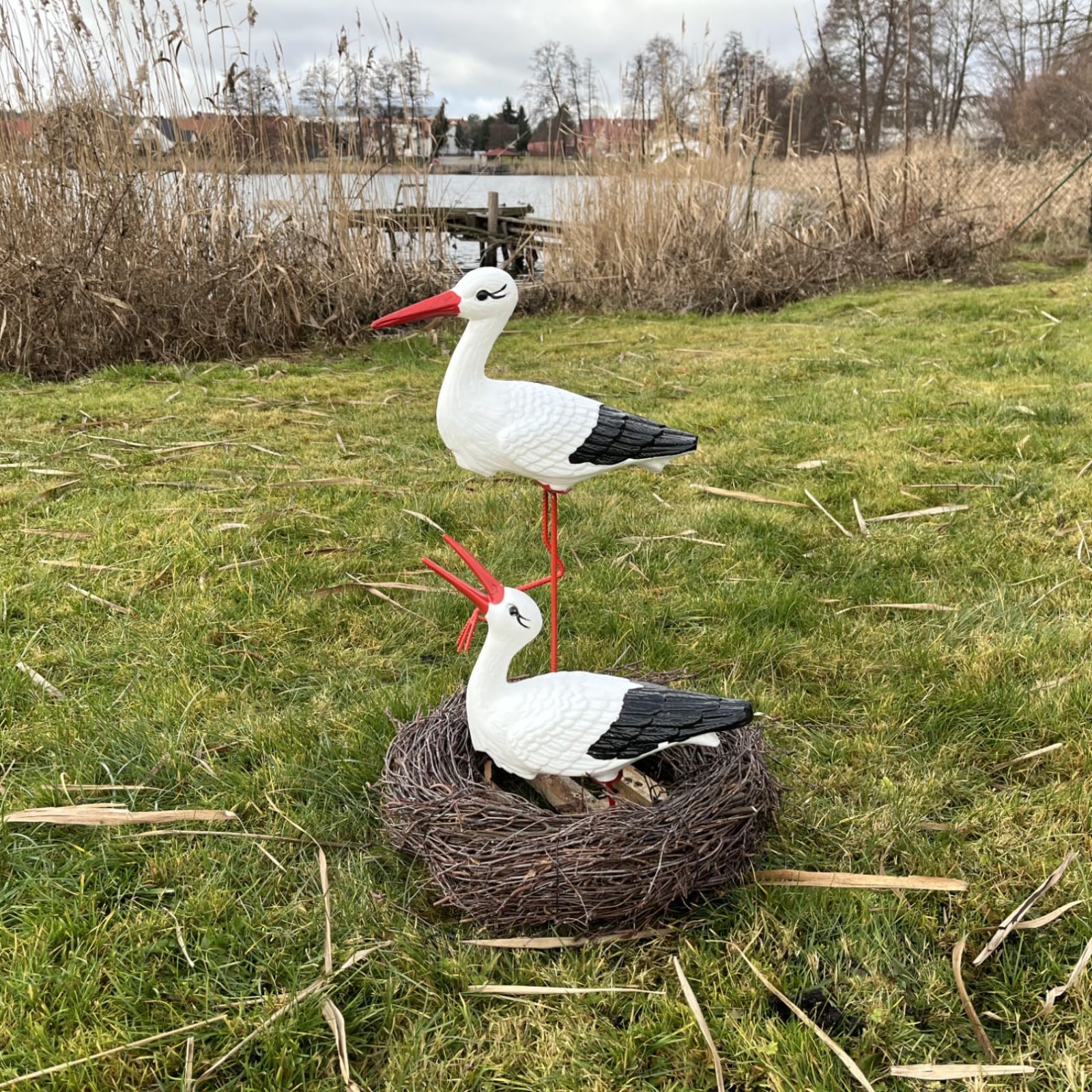 Storchennest 2 Storch Figur Familie Set Gartenfigur Statue Skulptur
