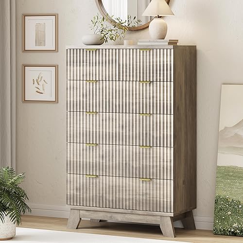 Miniatura 28 de Cómoda acanalada para dormitorio con 6 cajones, cajonera moderna de 46 pulgadas de alto con mango de metal, soporte de TV de cómoda de madera, Roble