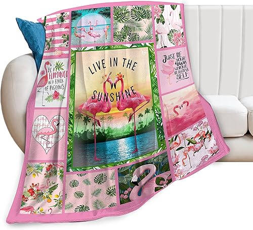 Miniatura 4 de Manta de flamenco rosa Live in The Sunshine, manta cálida y suave de franela con diseño de hojas tropicales, ultra lujosa, acogedora, ligera, de