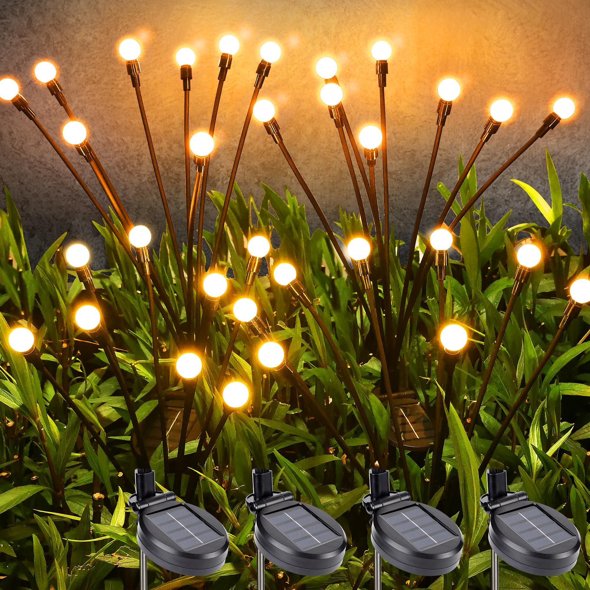 Brizled Solar Garden Lights, 4 Pack 8 LED Solar Firefly Lights Warm White, 2 Modes Pathway Swaying Light, LED Firefly Lighting Outdoor Waterproof Yard Decorative Lighting for Pathway Garden Yard Fence