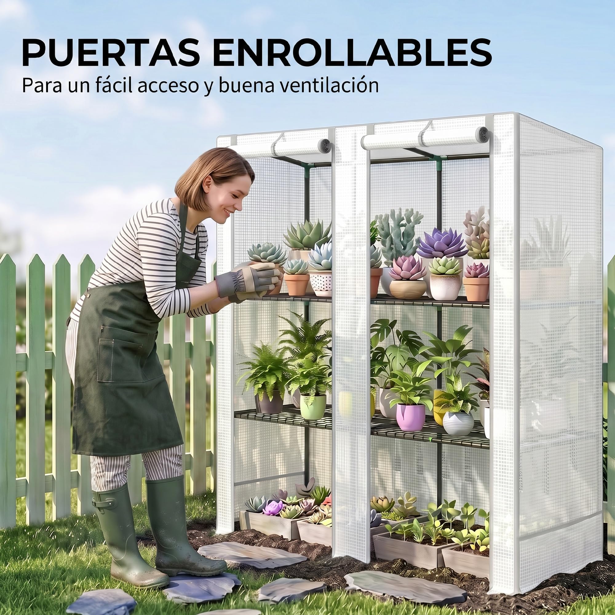 Outsunny Invernadero de Exterior con Techo Inclinado 144x48x152 cm Blanco | Invernadero Pequeño, 3 Estantes, 2 Puertas Enrollables, Cubierta de PE y Marco de Acero, para Cultivos Plantas Flores