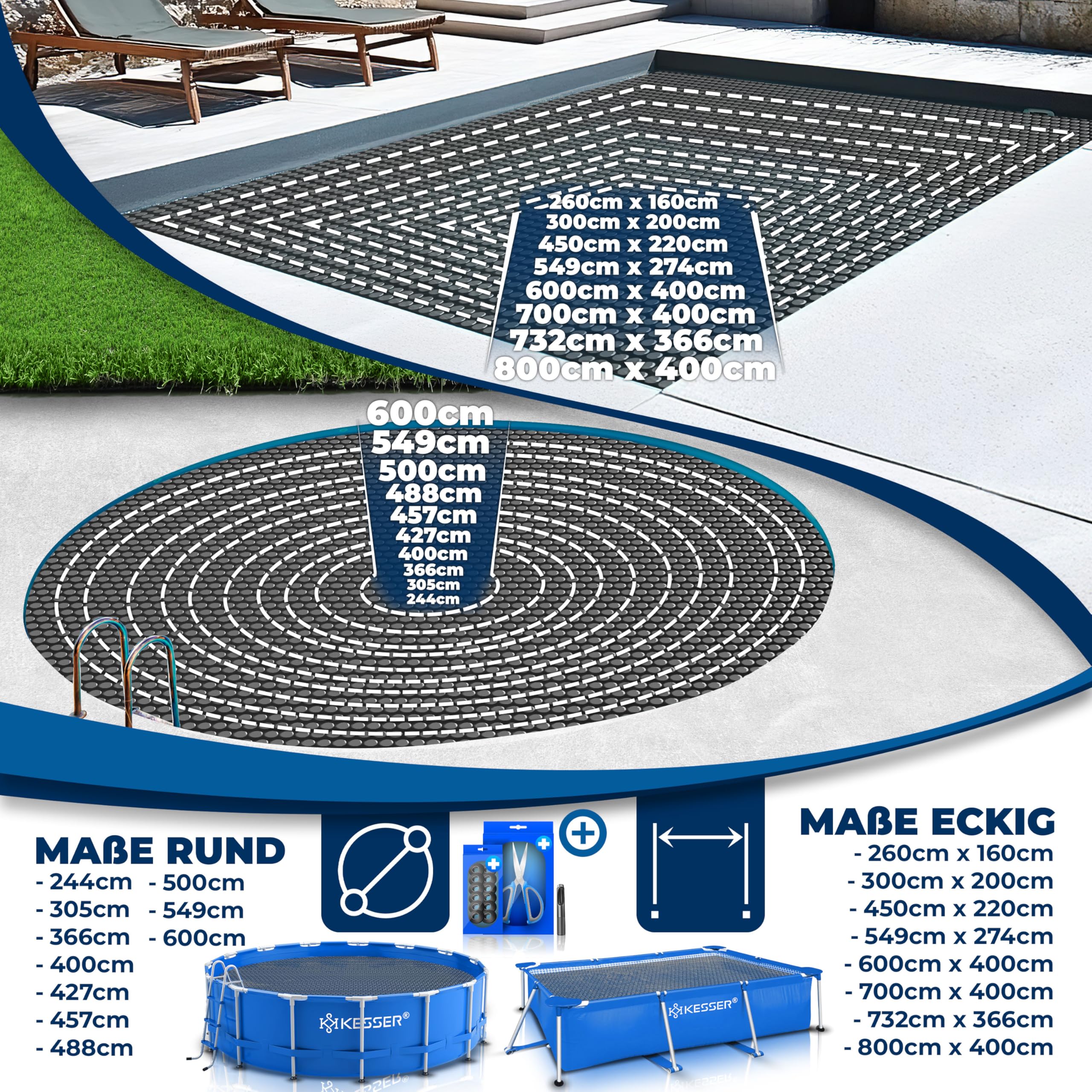 KESSER® Pool Solarabdeckplane Rund Ø 366 cm, Solarfolie 120 µm, Solarabdeckung Solarplane zuschneidbar, Poolheizung Wassererwärmung Wärmeplane, Poolsolarplane mit 1x Schere, 1x Lochzange & 12x Ösen