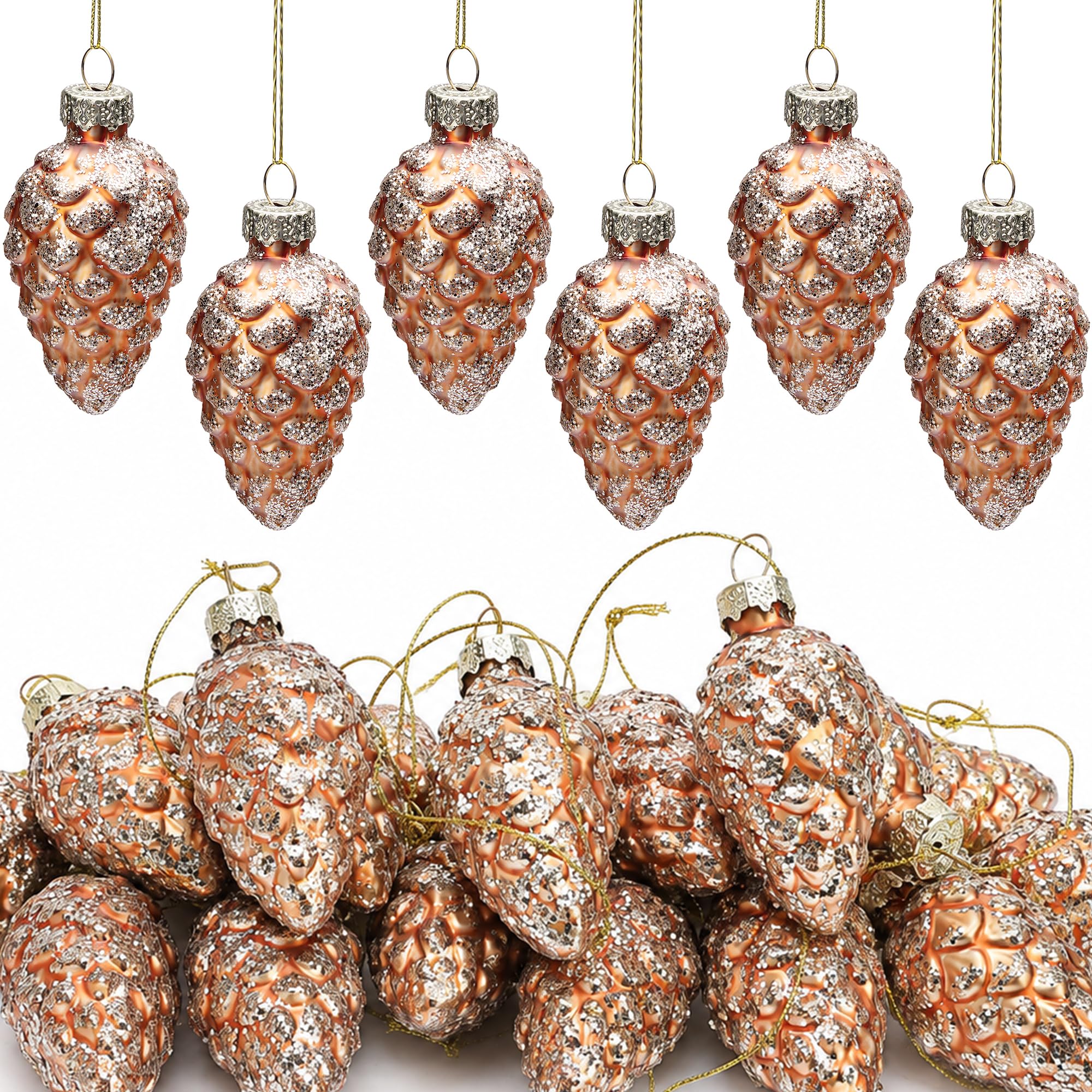 20 Pcs Christmas Pinecone Glass Hanging Ornaments, Xmas Tree Pinecone Decor | Glitter Pinecone Christmas Ornament, Hanging Pine Cone Painted Glass Decoration for Xmas Tree Fall Thanksgiving Day DIY Craft