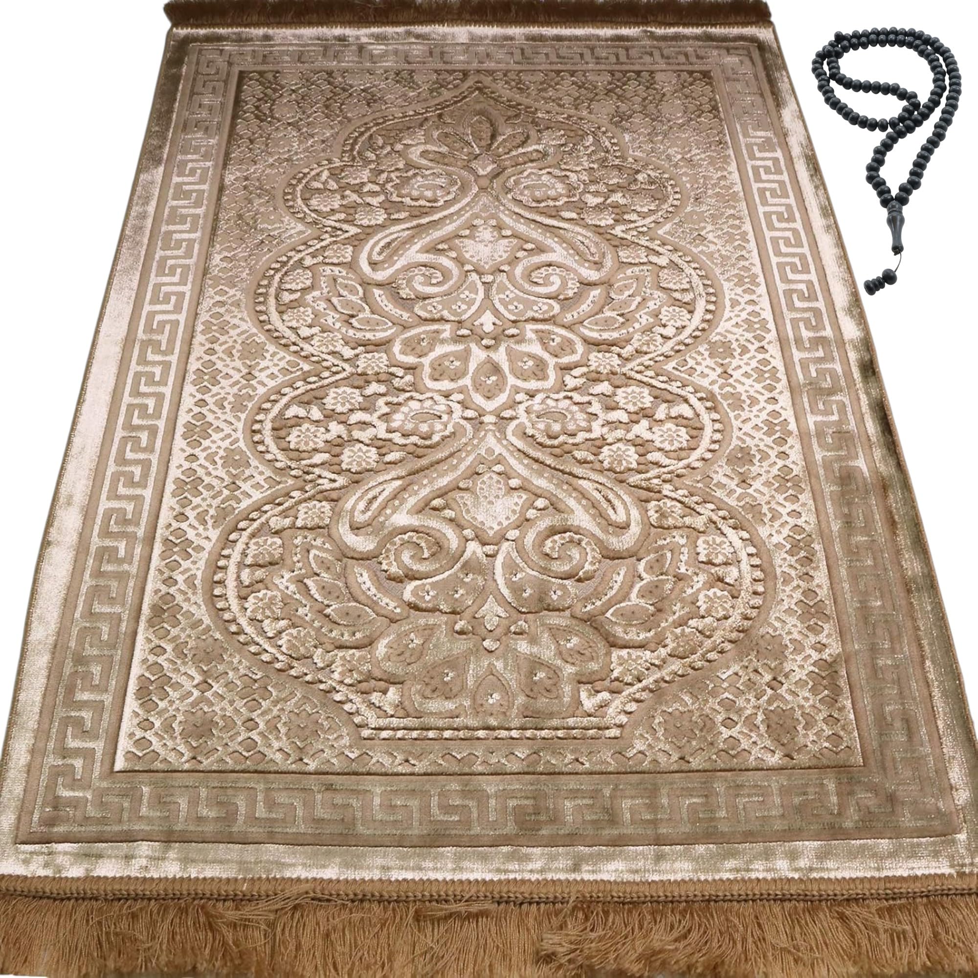 Modefa Luxury Velvet Prayer Rug with Prayer Beads | Soft Elegant Muslim Turkish Janamaz Sajada Carpet for Men and Women | Plain Solid Prayer Mat Ramadan Eid Gift - Paisley (Golden Beige)