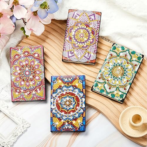 Miniatura 6 de Patelai Juego de 4 cuadernos de flores de mandala de diamante, 3 x 5 pulgadas, cubierta de mandala, cuaderno de cristal, cuaderno de bocetos, bloc
