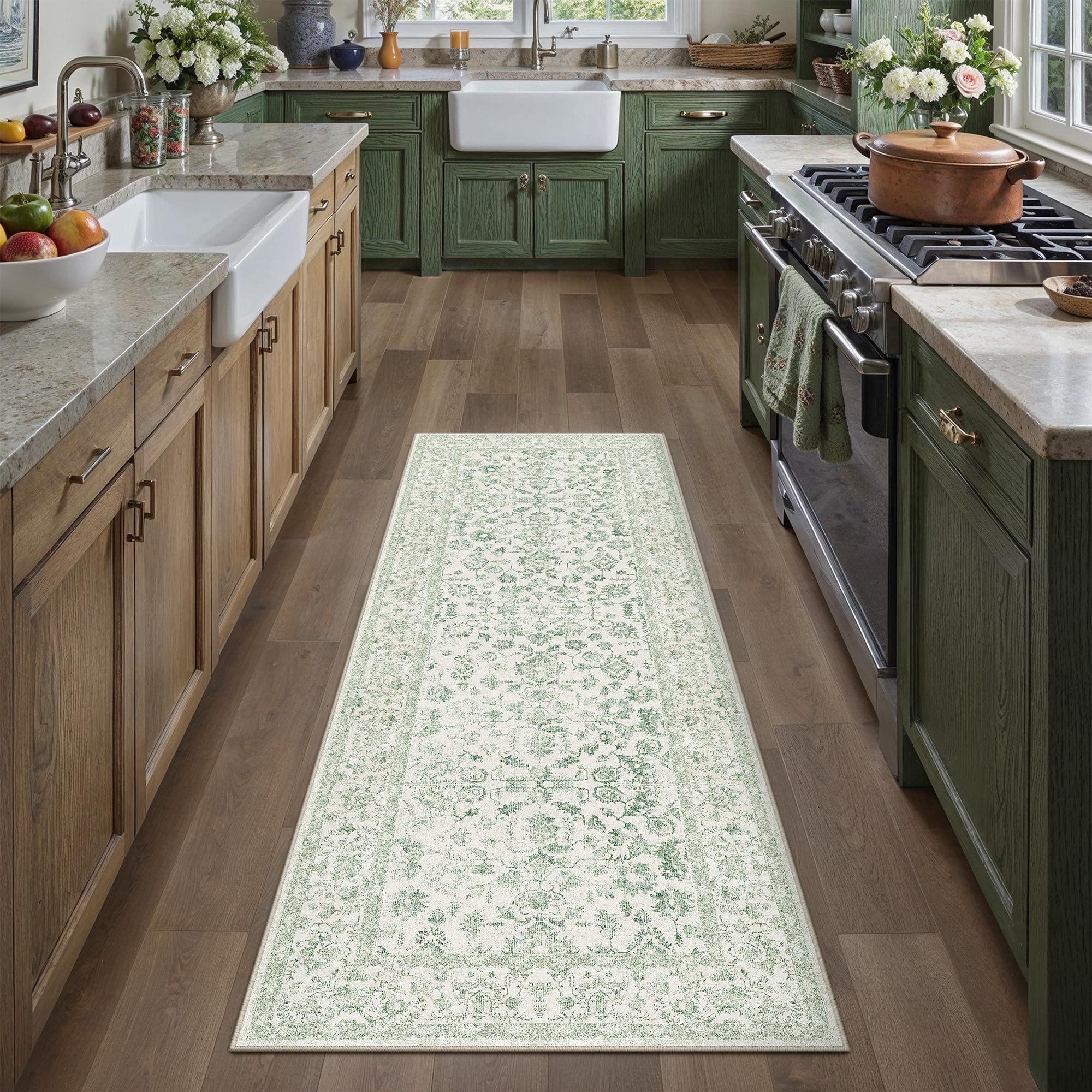PureCozy 2x5 Green Runner Rug Washable Hallway Non Slip Kitchen Vintage