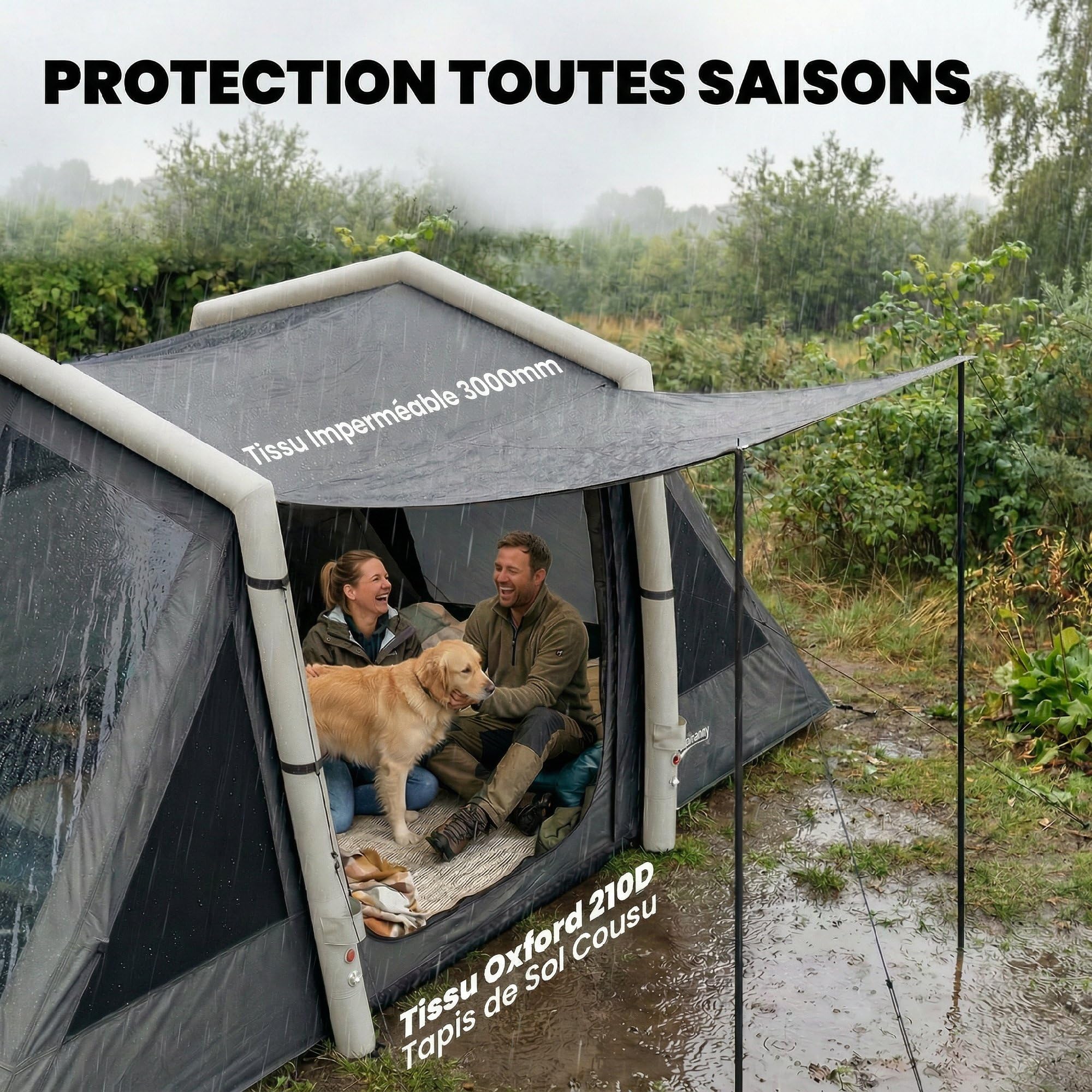 Outsunny Blackout, tenda gonfiabile da campeggio per 4 persone, tenda ad aria, lunga 5,8 m, con 2 camere da letto e soggiorno, impermeabile, 3000 mm, con pompa, tettoia e picchetti fluorescenti