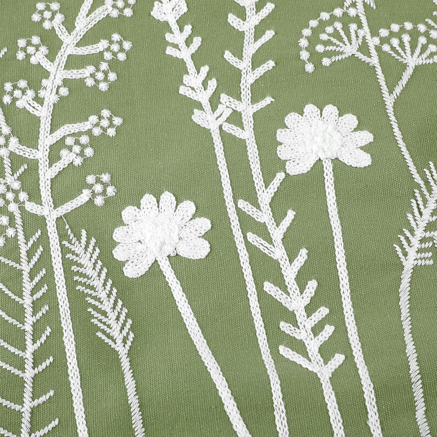 2 Pack Sage Green Lumbar Pillow Covers 12 x 20, Cotton Embroidered Floral Throw Pillow Covers for Couch Sofa Bed, Botanical Cottagecore Farmhouse Decor, Inserts Not Included