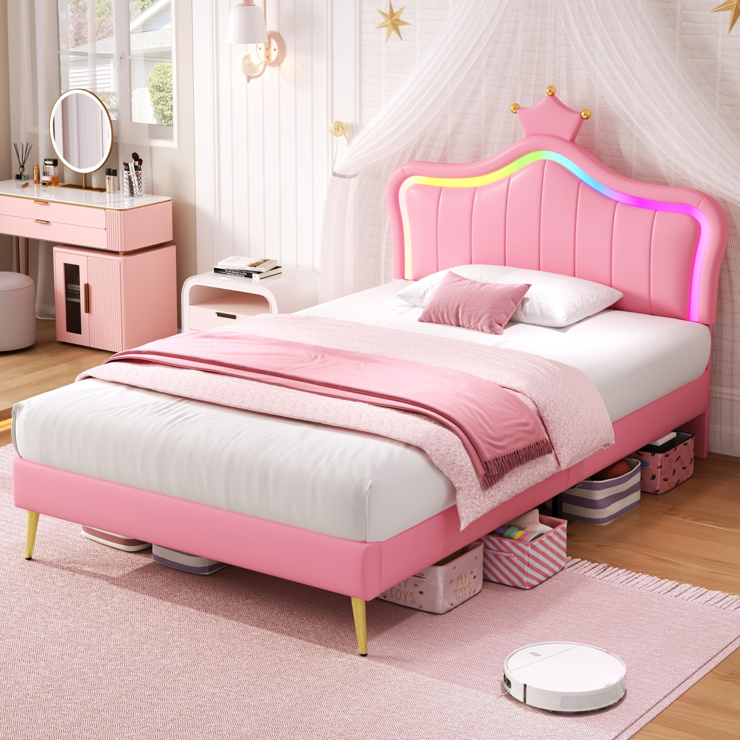 Merax 3FT Single Upholstered Bed Frame with LED Crown Shape Adjustable Headboard, PU Leather Platform Bed with Solid Wood Slats, Sturdy Metal Support, Modern Pink Bed (No Mattress) โ image 1