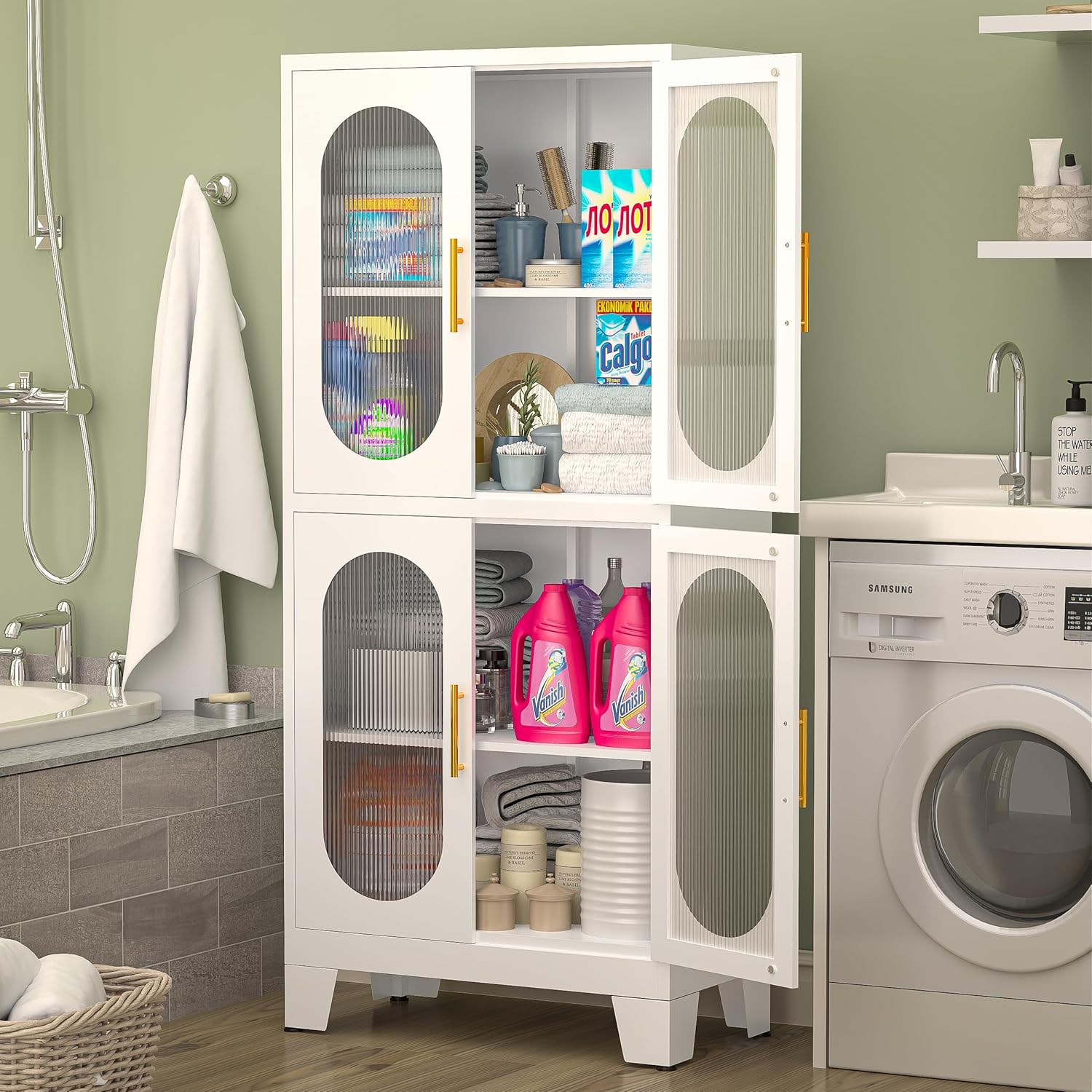 White Pantry Cabinet, 61" Tall Kitchen Storage Cabinets with Acrylic Glass Doors and 2 Adjustable Shelves, Metal Versatile Cupboard for Bathroom, Laundry Room, Living Room, Dinning Room