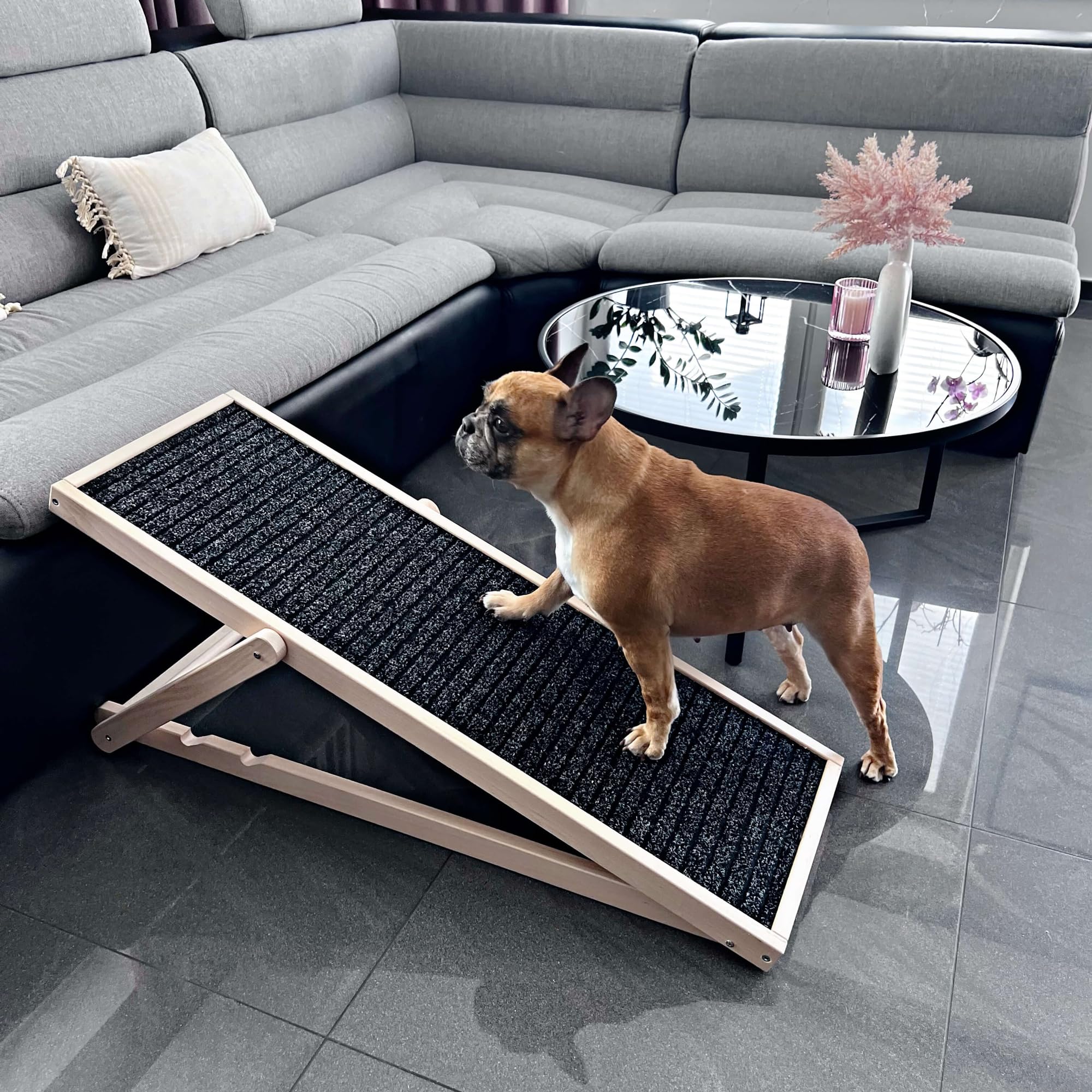SPRINGOS Rampe pour chien, réglable, 42,5 à 59 cm, pour lit ou canapé, pliable, en bois, pour animaux de compagnie, avec insert antidérapant