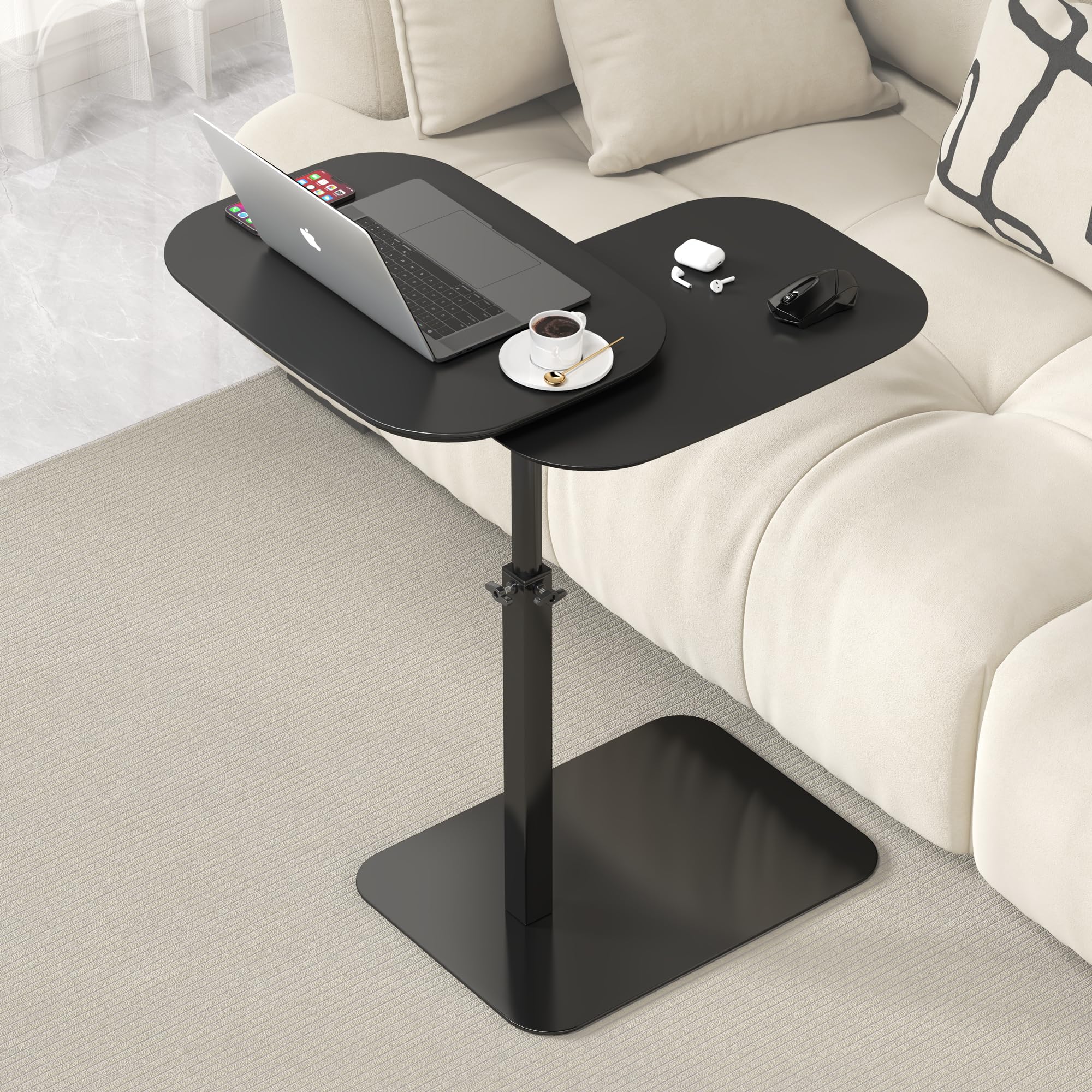 Table d'appoint en forme de C hauteur reglable, table canapé pivotante à 360°, Deux planches de table, ordinateur portable stand pour canapé/lit, Petite café C tables pour Salon/Chambre (Black)