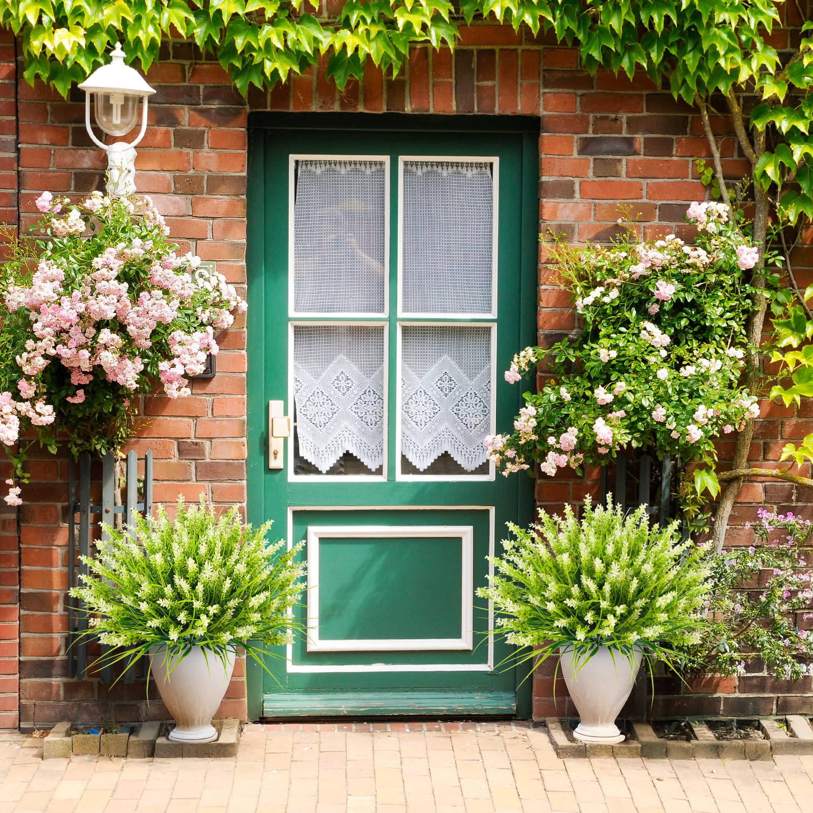 Artificial Plants for Outdoors, 10 Bundles Fake Monkey Grass with White Spring Flowers, Faux Plants Outdoor UV Resistant Realistic Greenery for Garden Window Patio Hanging Porch Home Decoration