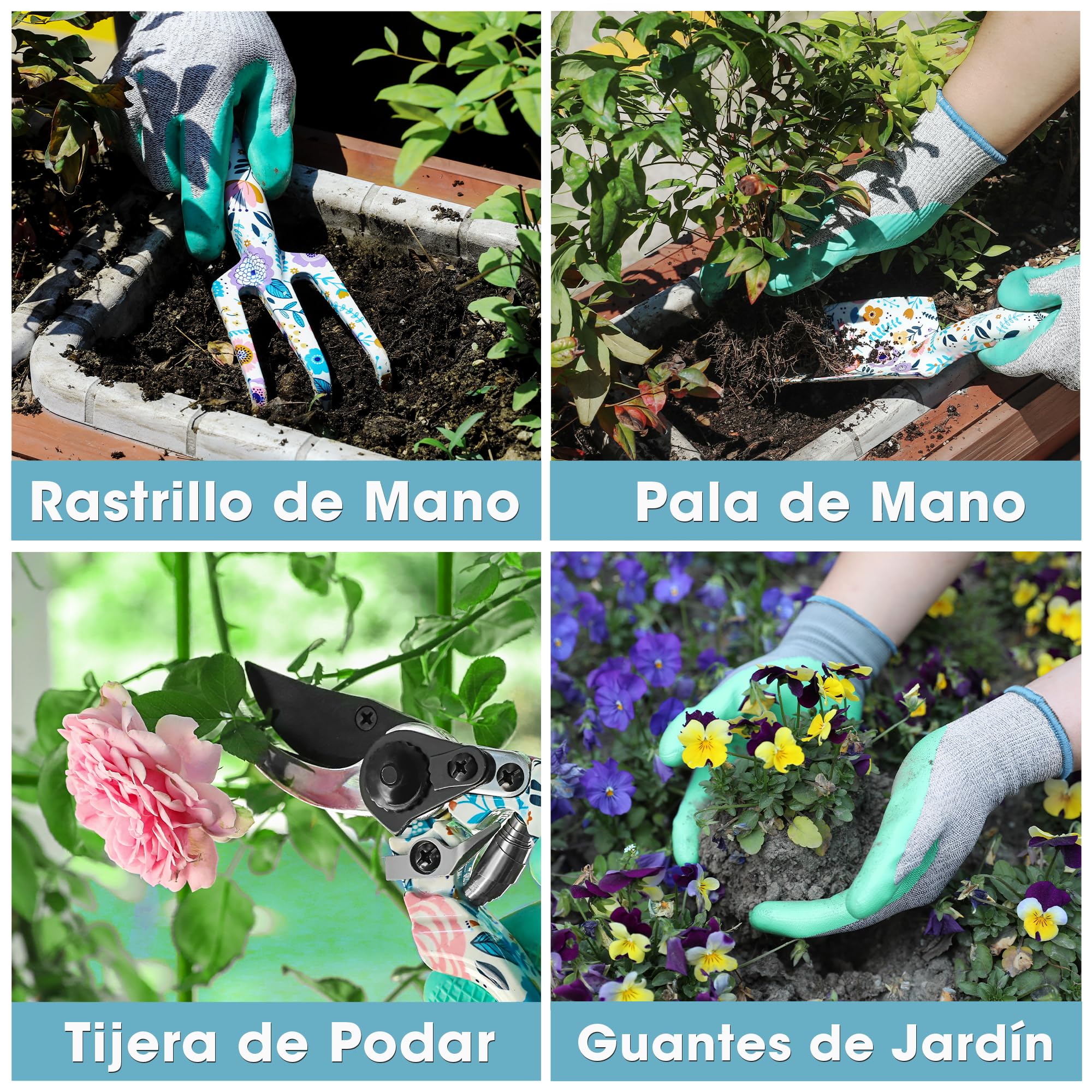 WORKPRO Herramientas Jardineria 4PC, Juego de Herramientas para Jardín con Rastrillo, Pala de Mano, Tijeras de Podar, Guantes, Estampado Floral