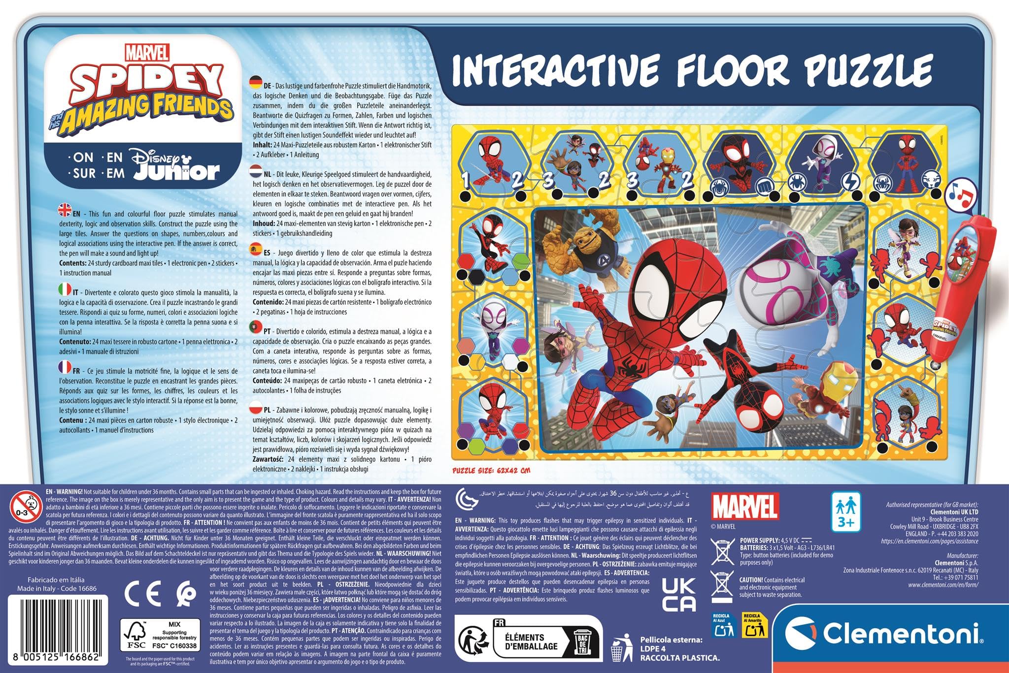 Clementoni - Puzzle Interactivo de Marvel Spidey and His Amazing Friends para Suelo - 24 Piezas, Pen Interativa, Desarrollo Autonomía y Concentración, 3+ Años, 62x42 cm, 16686