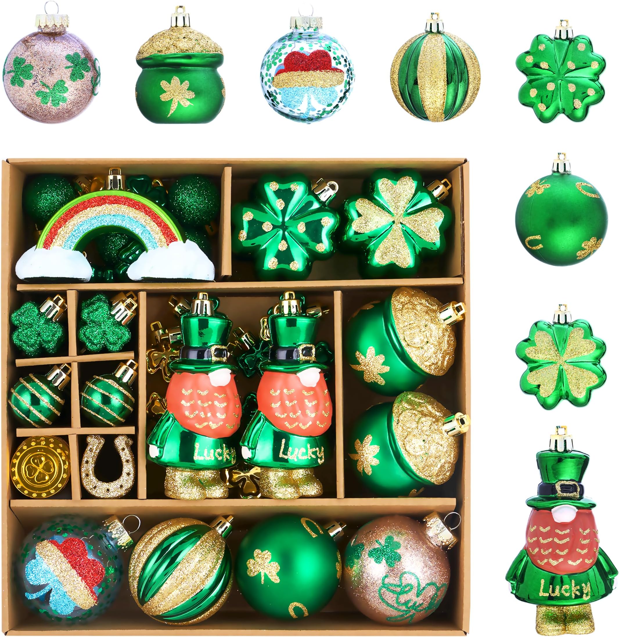 67ct St Patricks Day Ball Ornaments Set for Tree Decorations with Irish Lucky Shamrock Leprechaun Gold Coin Rainbow, Green Gold Shatterproof Hanging Ornament for St. Patrick's Day Mini Tree Decor