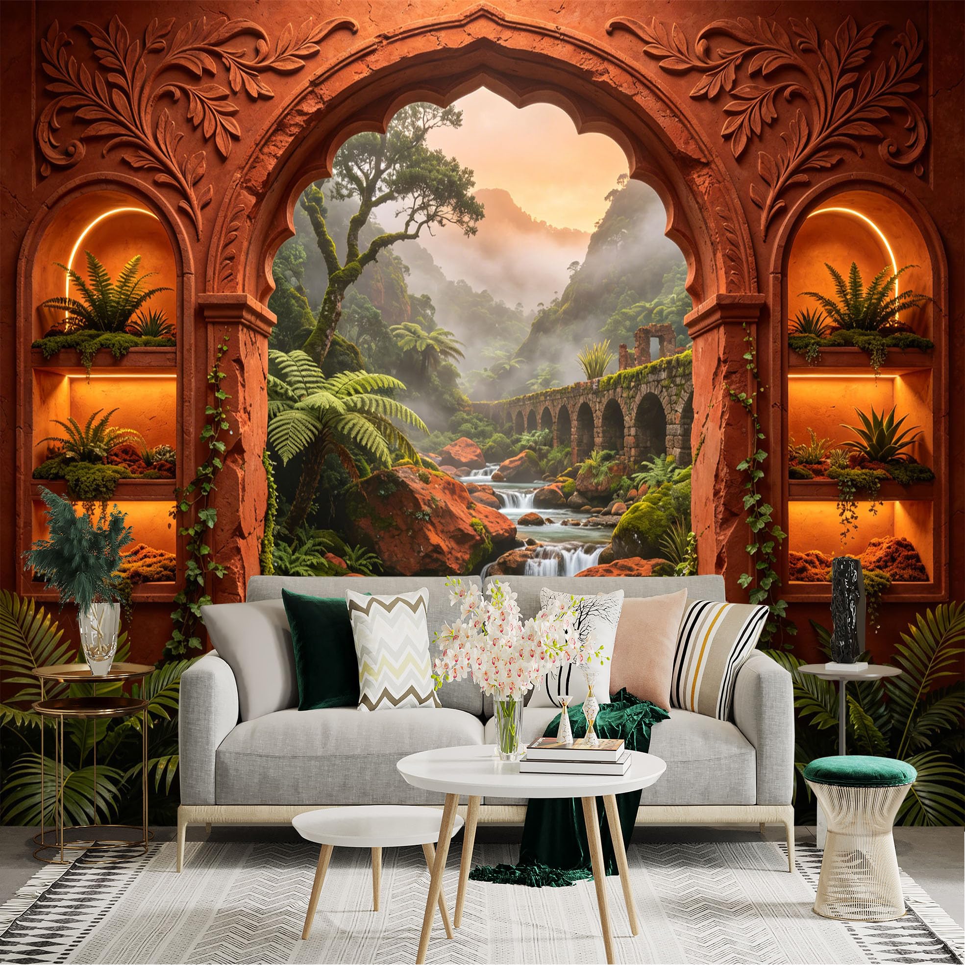 Custom Size Wall Sticker Mural， Tropical Waterfall Valley with Stone Bridge and Sunset View， for wall Decoration， peelandstick wall Decals.