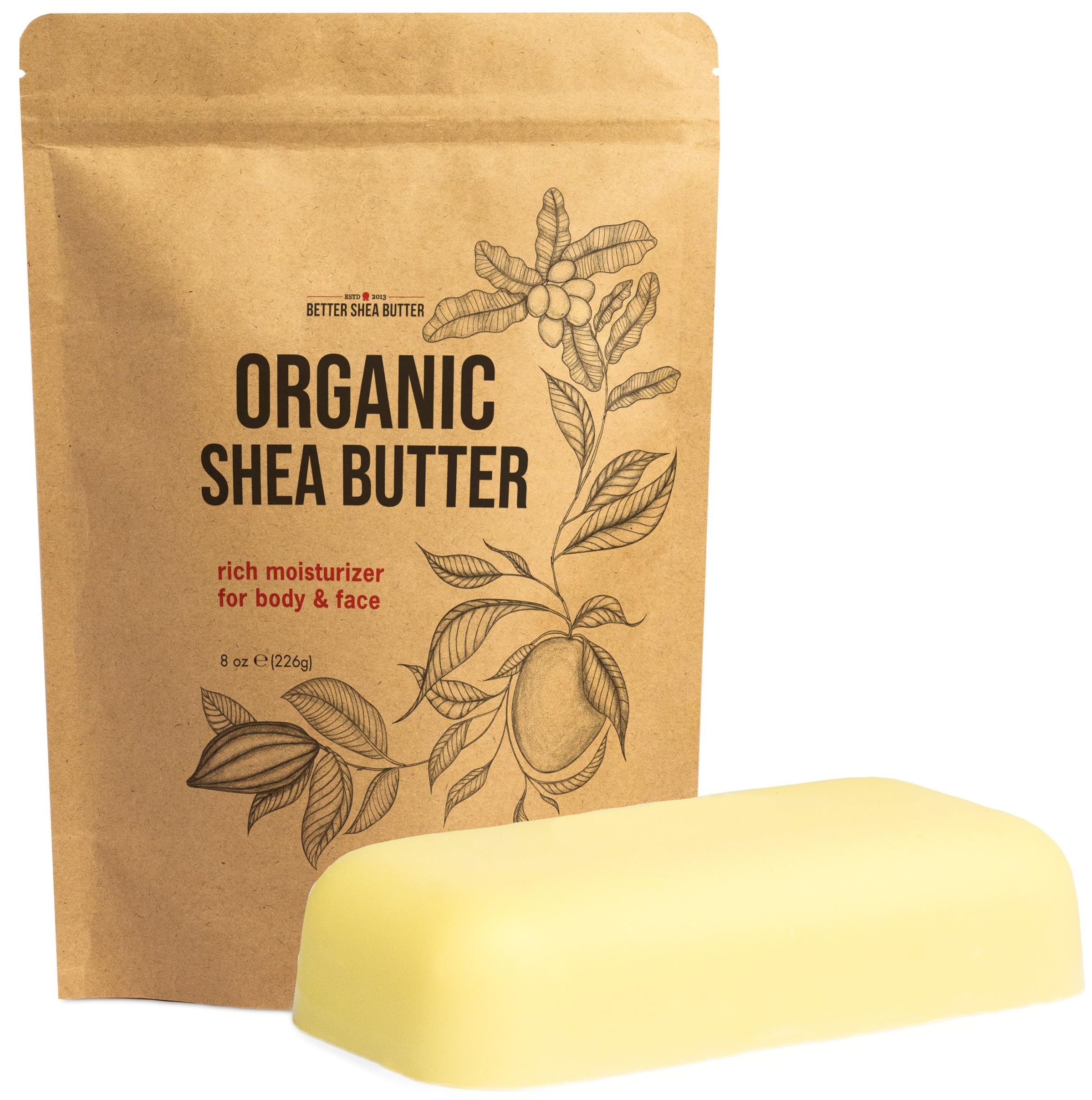 Organic Shea Butter Raw Unrefined, USDA Certified Organic African Shea Butter for Hair & Dry Skin, Natural Face Moisturizer, Body Butter Base for DIY Lotion, Lip Balm & Soap Making, 8 oz Bar