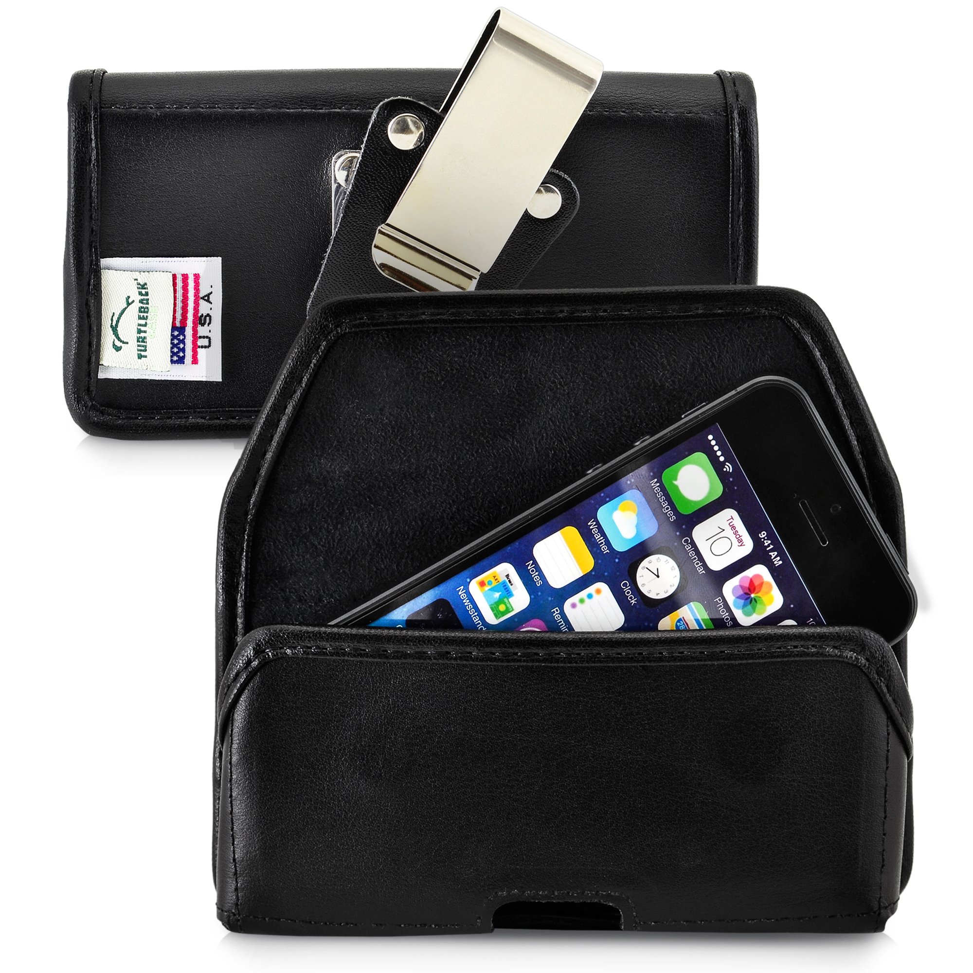 Turtleback Belt Case Made for Apple iPhone SE 5 5c 5s Black Holster Leather Pouch with Heavy Duty Rotating Ratcheting Belt Clip Horizontal Made in USA