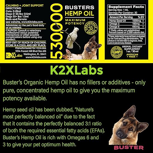 Miniatura 3 de Busters Aceite de cáñamo orgánico 530,000, paquete de 2 meses, suministro para perros y gatos, potencia máxima, fabricado en Estados Unidos, Omega