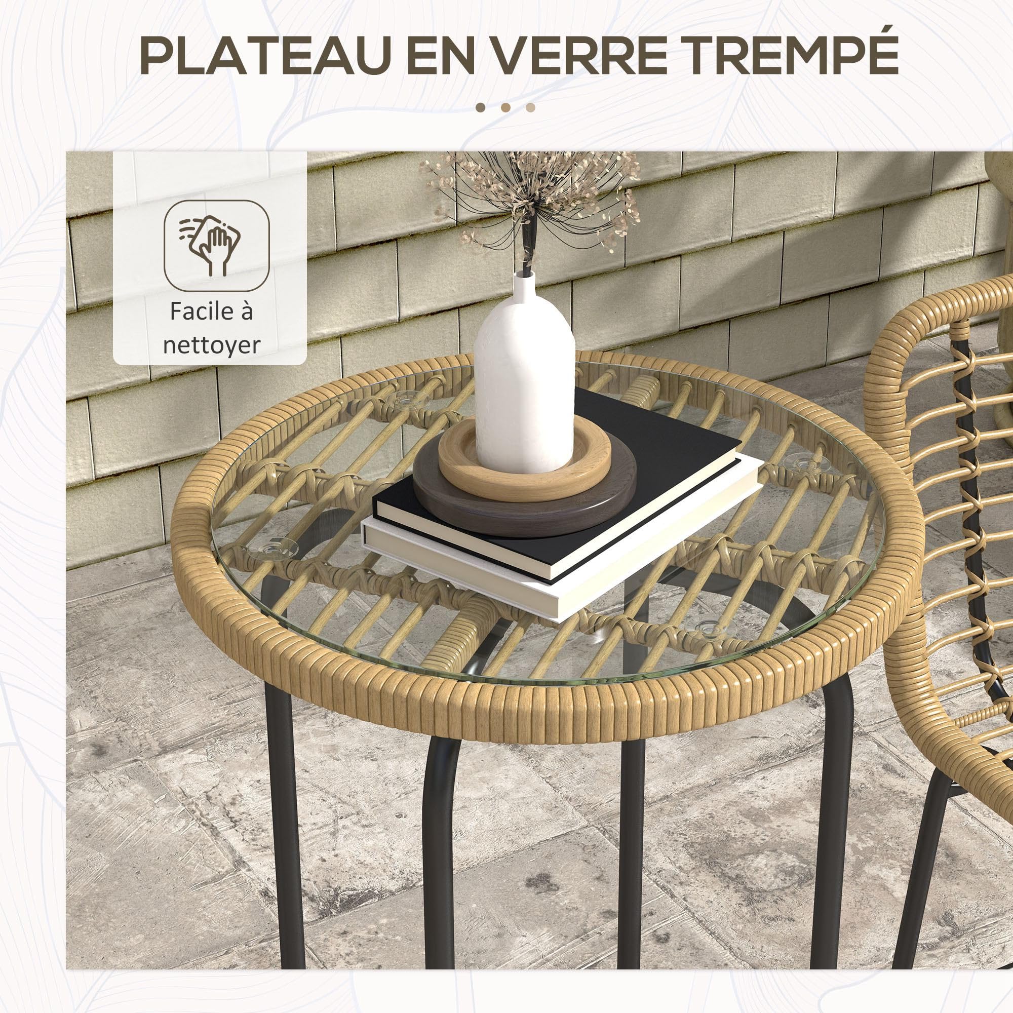 Outsunny Ensemble de Bar de Jardin 3 pièces Table Haute Ronde Design bohème + 2 tabourets Ronds Repose-Pied métal Naturel Noir