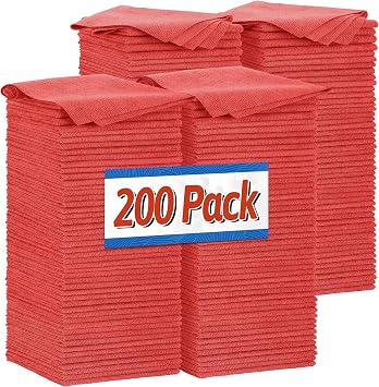 Shop Towels, Red Microfiber Cleaning Cloth Bulk, 200 Pack Microfiber Towels for Cars, All-Purpose Absorbent Cleaning Rags, Dust Cloth for Automotive, Mechanic, Garage, Bar, 11.5 x 11.5 inch