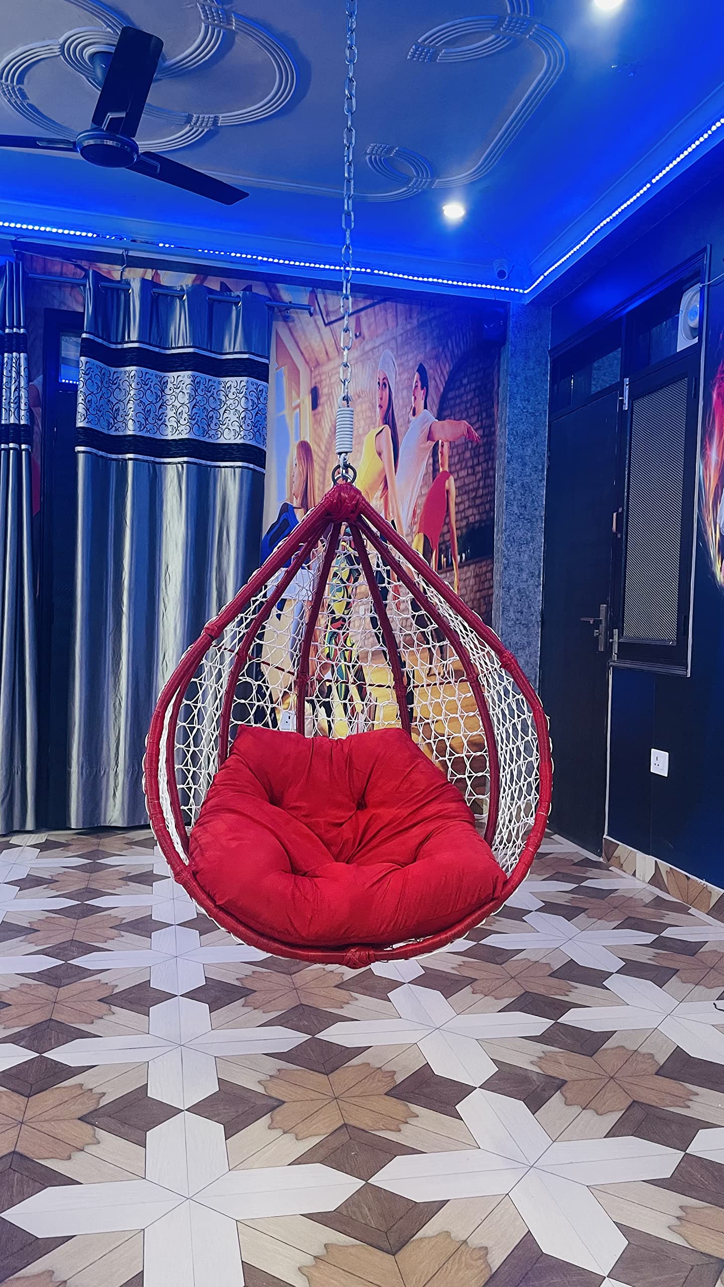 Happy Star Outdoor Furniture Single Seater Swing for Kids, Beautiful Swing Without Stand Soft Cushion for Baby Comfort (White+Red with Red)-image-41