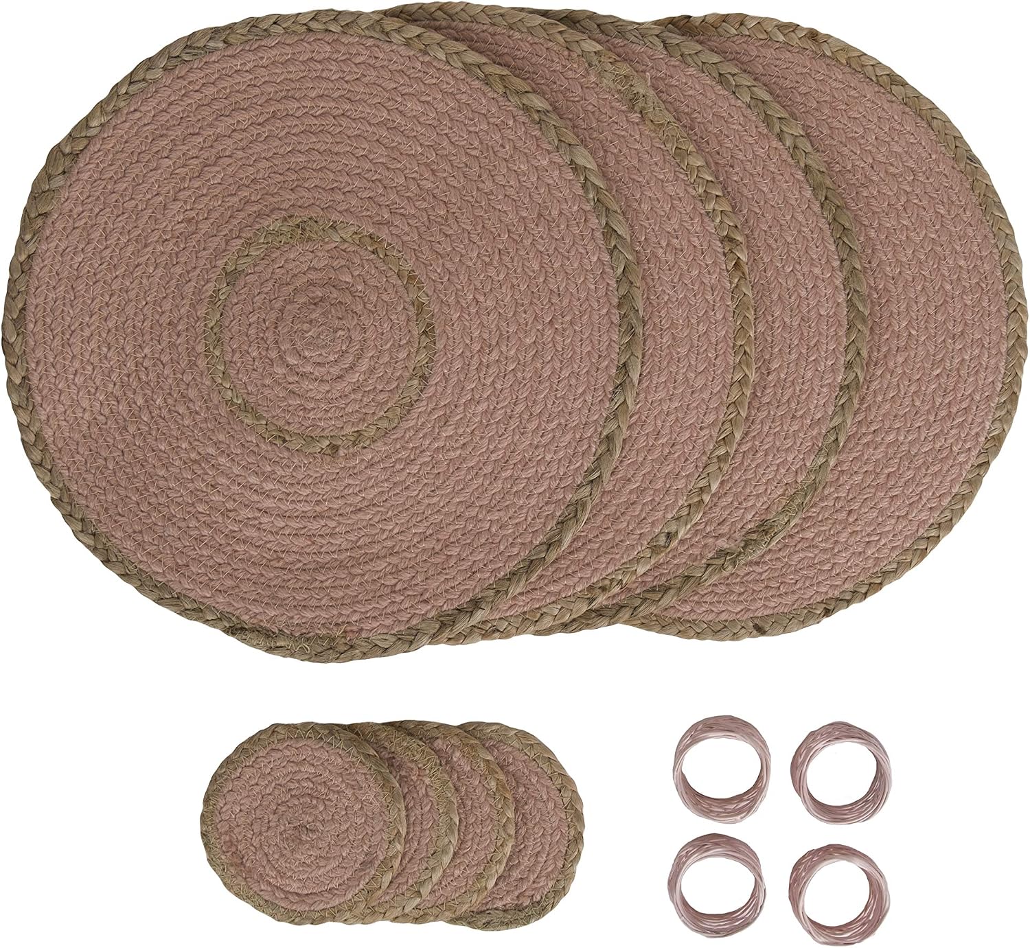 Penguin Home 12-Piece Blush Jute Dining Set, Handcrafted Placemats, Coasters & Napkin Rings