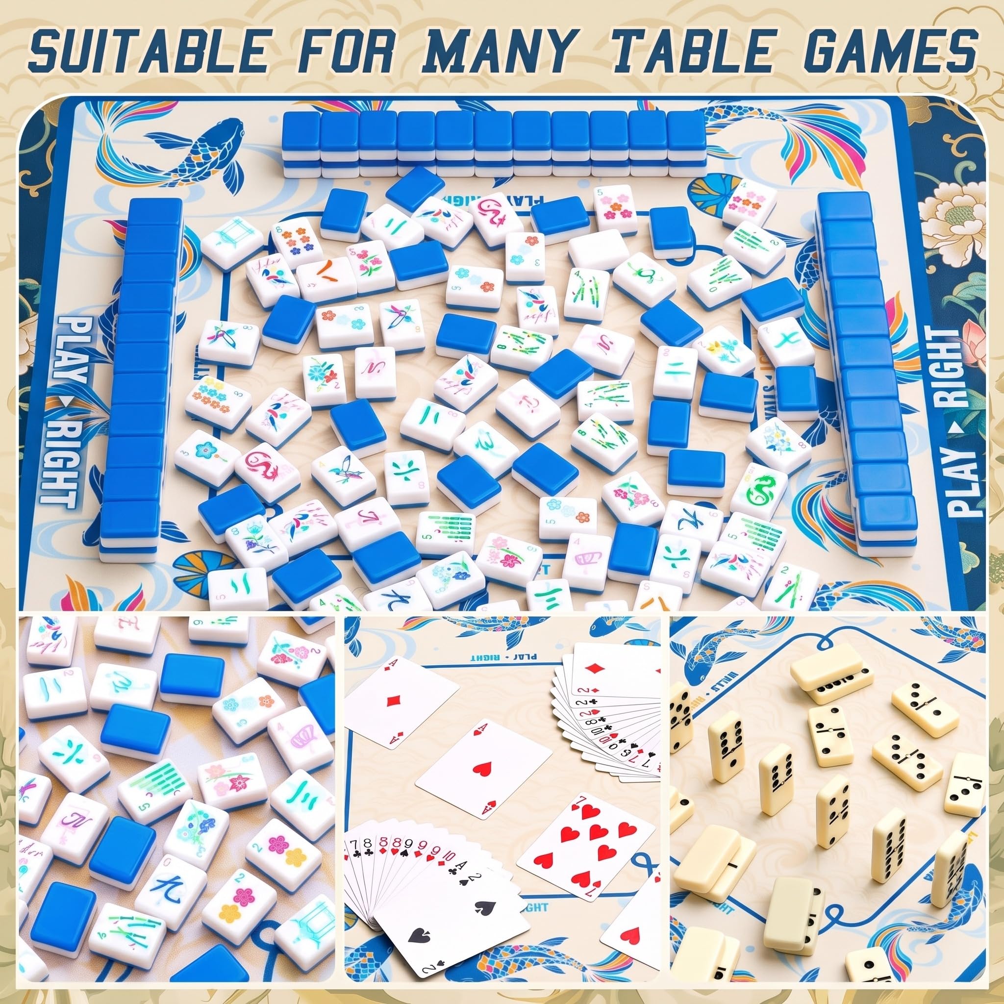 Soulchen Koi Fish Tapis de mahjong américain avec règles pour table Bleu | Tapis de jeu antidérapant avec règles, sans plis, livré roulé, 31,5 x 31,5 cm avec réduction du bruit et sac de transport