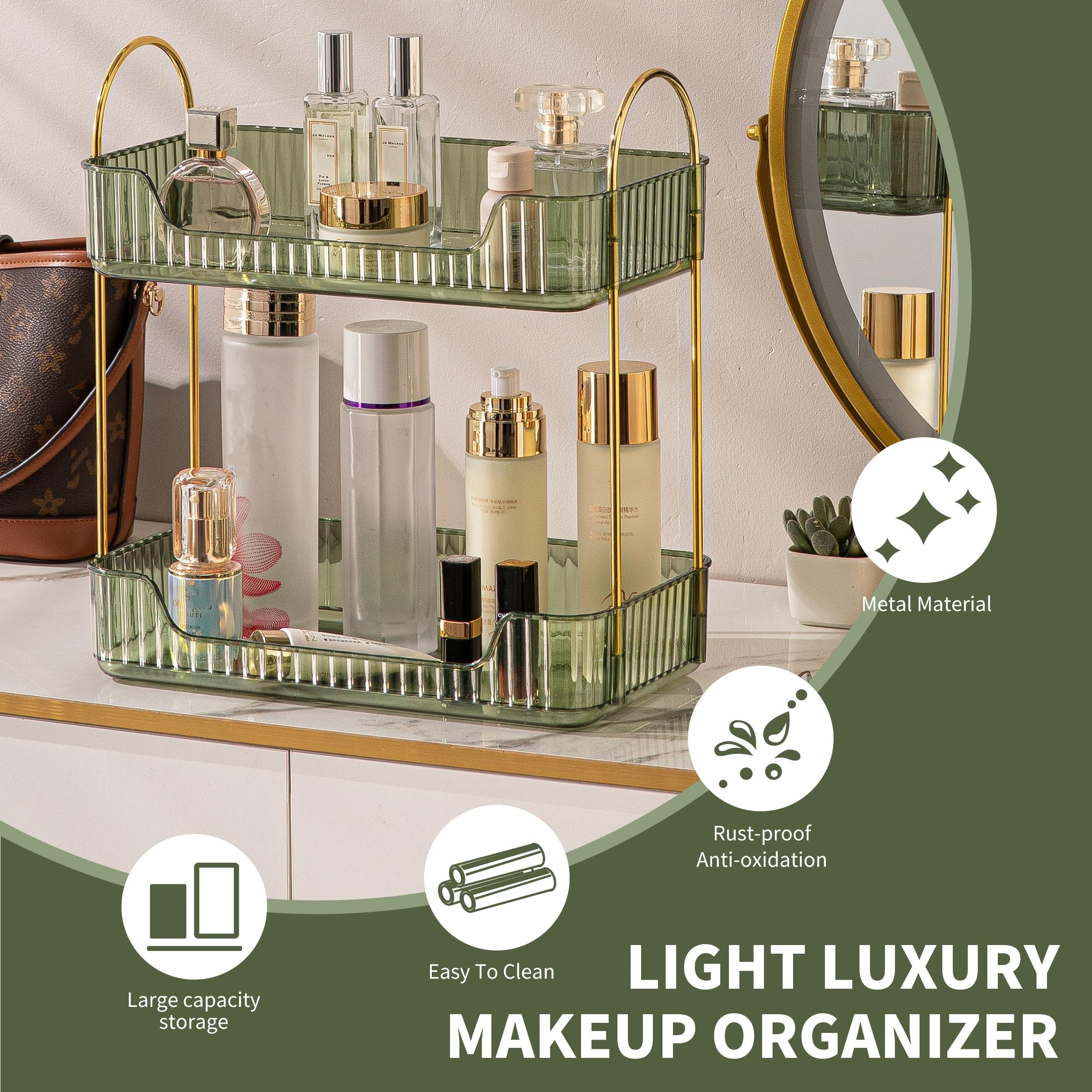 Organizzatore di Trucco, Organizzatore di Cosmetici ad Grande Capacità, Organizzatore di Profumi, Organizzatore Della Cura Della Pelle per Bagno (2 Strati, Verde)