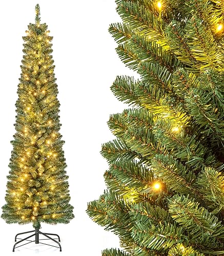 Miniatura 149 de Goplus Árbol de Navidad artificial de 6 pies, árbol de Navidad con bisagras preiluminado con 250 luces LED y soporte de metal, árbol de Navidad