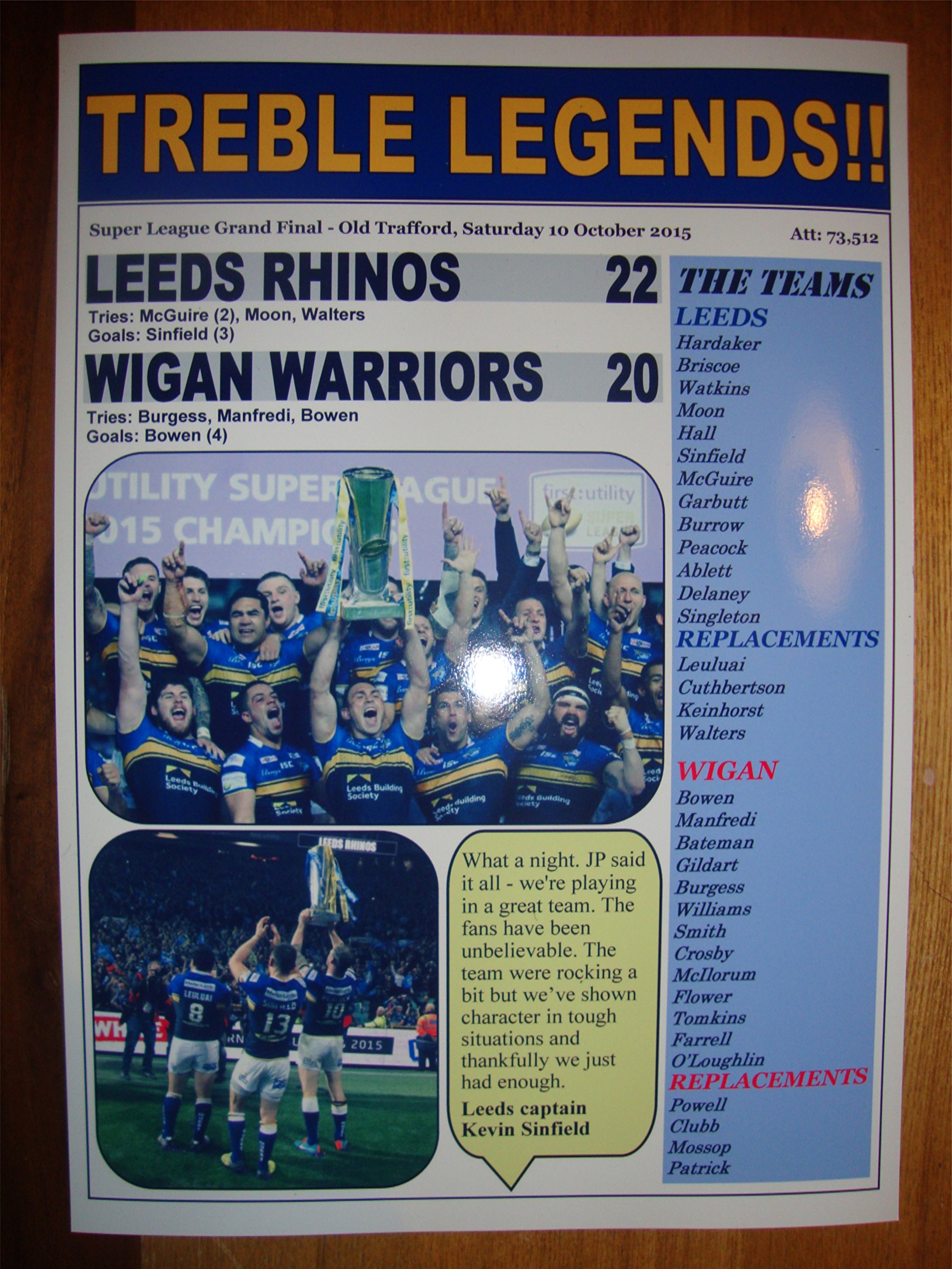 Lilywhite Multimedia Red And White Leeds Rhinos 22 Wigan Warriors 20 - 2015 Grand Final - Souvenir Print