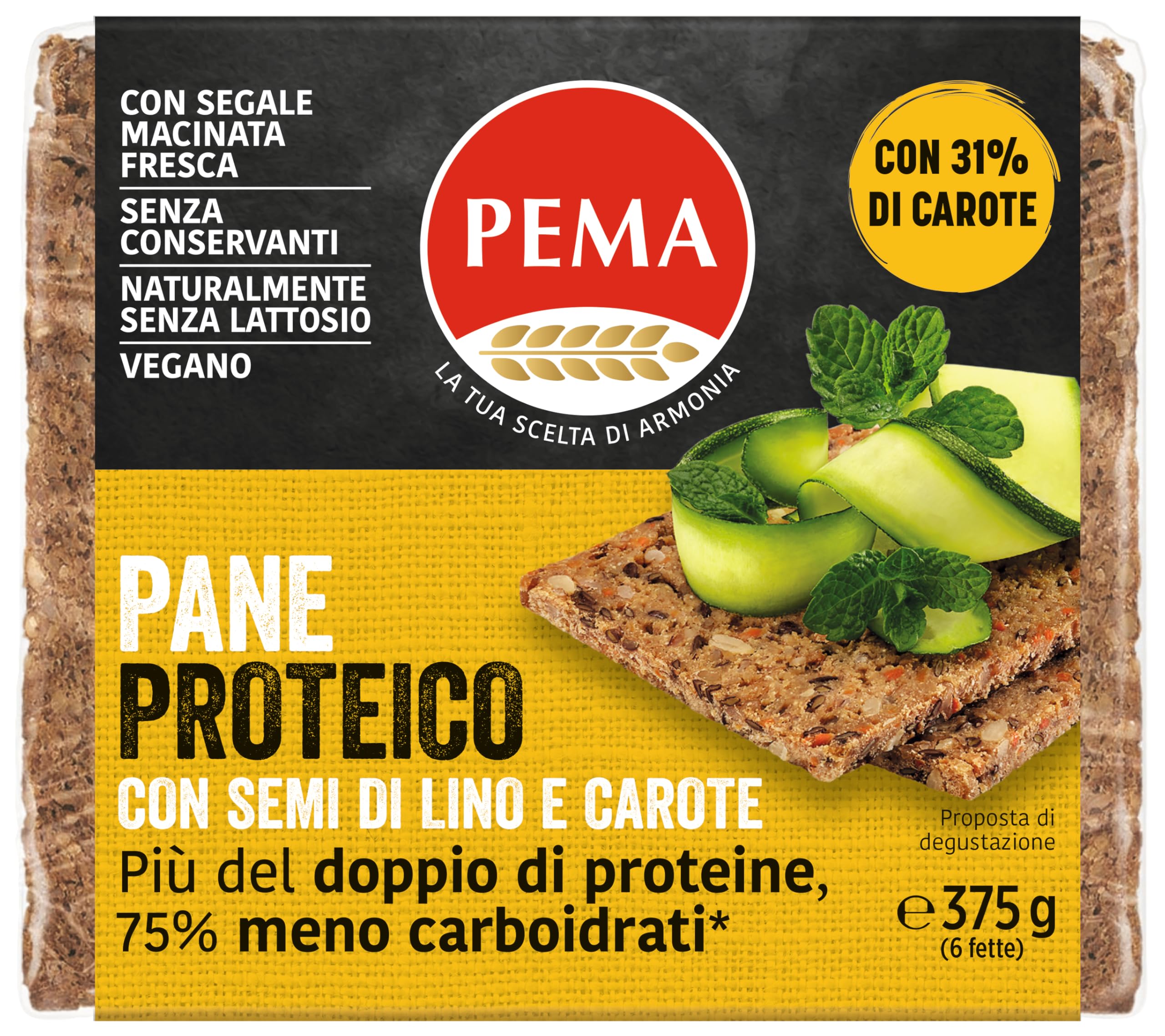 PEMA, Pane Proteico a Ridotto Contenuto di Carboidrati, con Soli Ingredienti Naturali e Ricco di Fibre, 375g